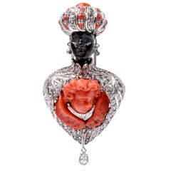 Giulio Nardi Antique Coral Blackamoor Diamond 18 Karat-Gold Lapel Brooch