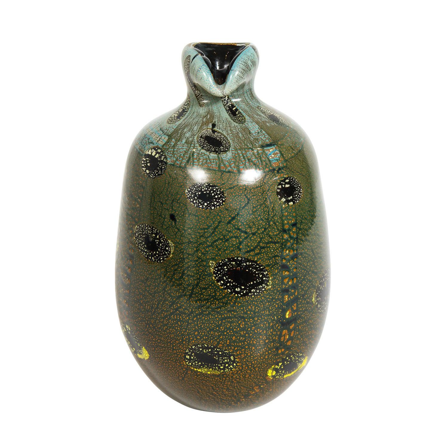 Giulio Radi Black Glass Vase with Gold Foil and Murrhines ca 1950 For Sale