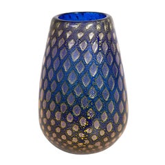 Vase en verre bleu Giulio Radi avec feuille d'argent:: 1950