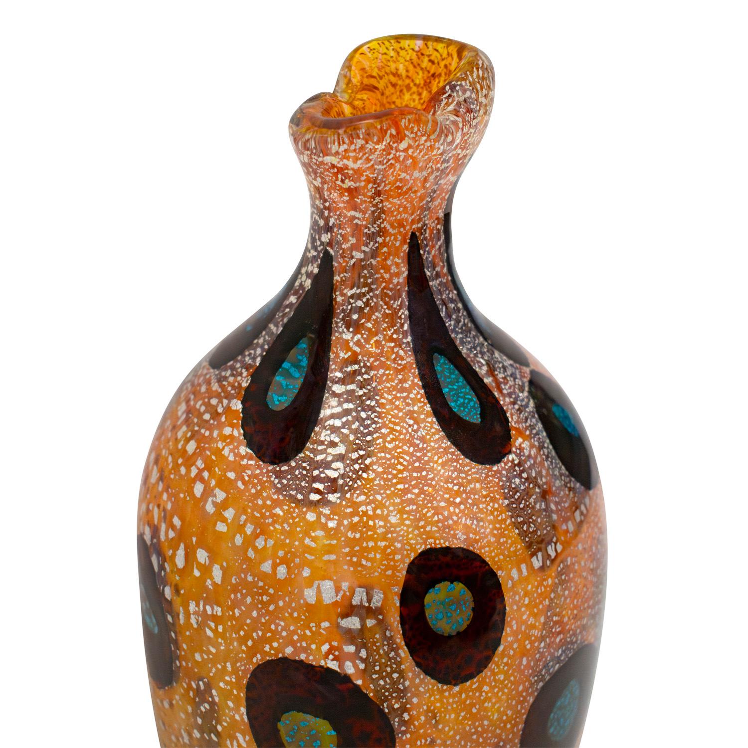 Giulio Radi Vase aus mundgeblasenem Glas mit Murrhinen und Silberfolie ca. 1950 (Muranoglas) im Angebot