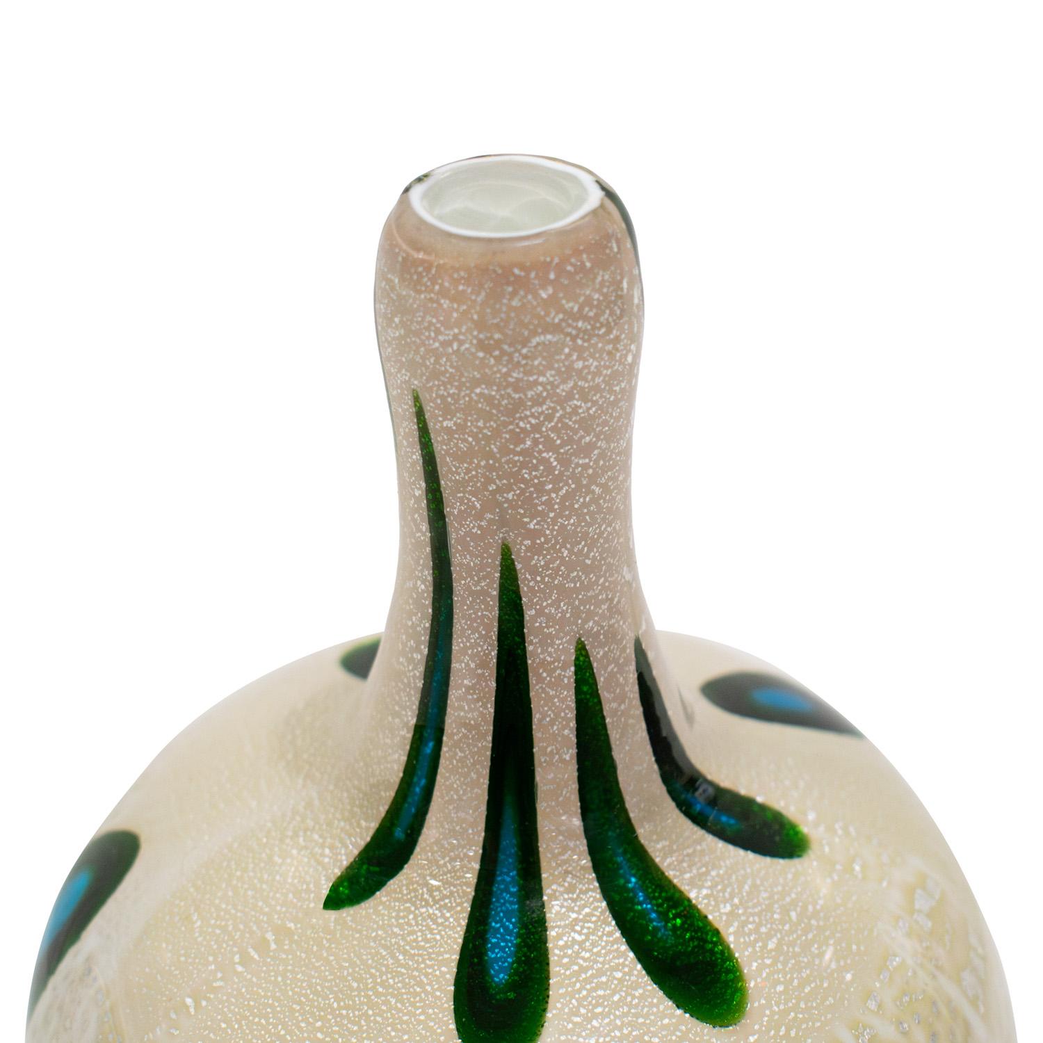 Hand-Crafted Giulio Radi Hand Blown Vase with Silver Foil and Blue and Green Murrhines 1950 For Sale