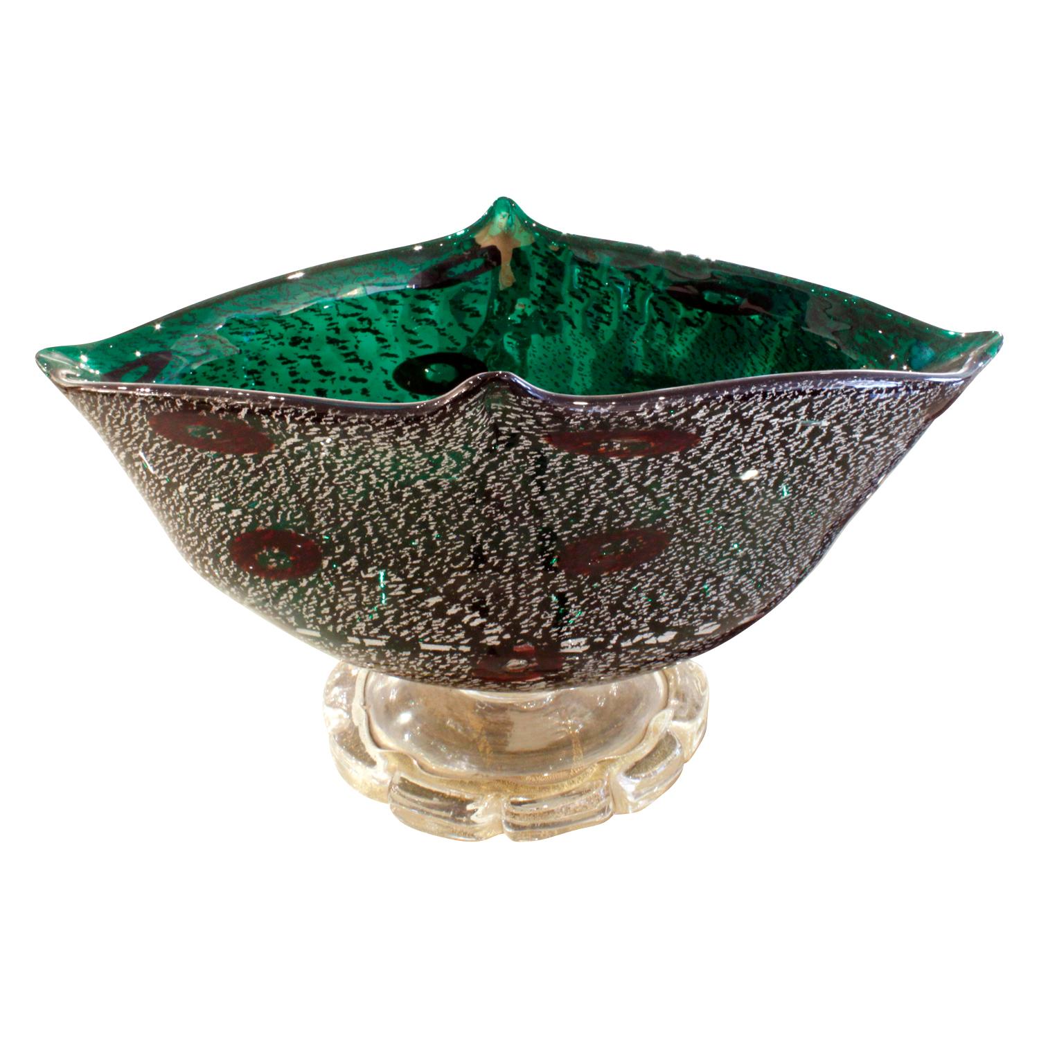 Footed vessel with base in hand blown clear glass with gold foil and body in green glass with silver foil and murrhines by Giulio Radi for Arte Vetraria Muranese (A.V.E.M.), Murano Italy, 1940s.