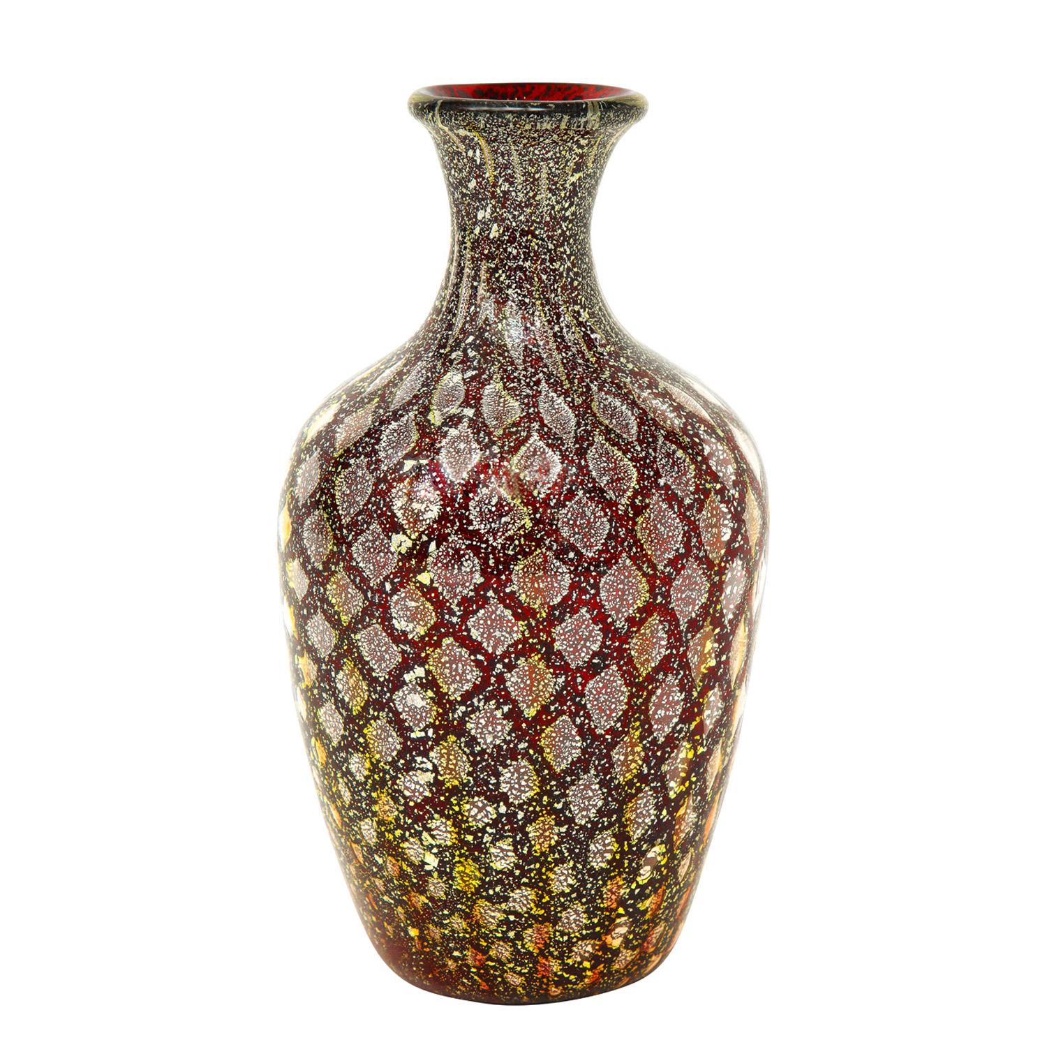Hand-blown red glass vase with gold foil from the Reazione Policrome Series, Balloton, by Giulio Radi for Arte Vetraria Muranese or A.V.E.M., Murano Italy, ca 1950. This vase is exquisite like a jewel.

Reference:
AVEM Artistic Production