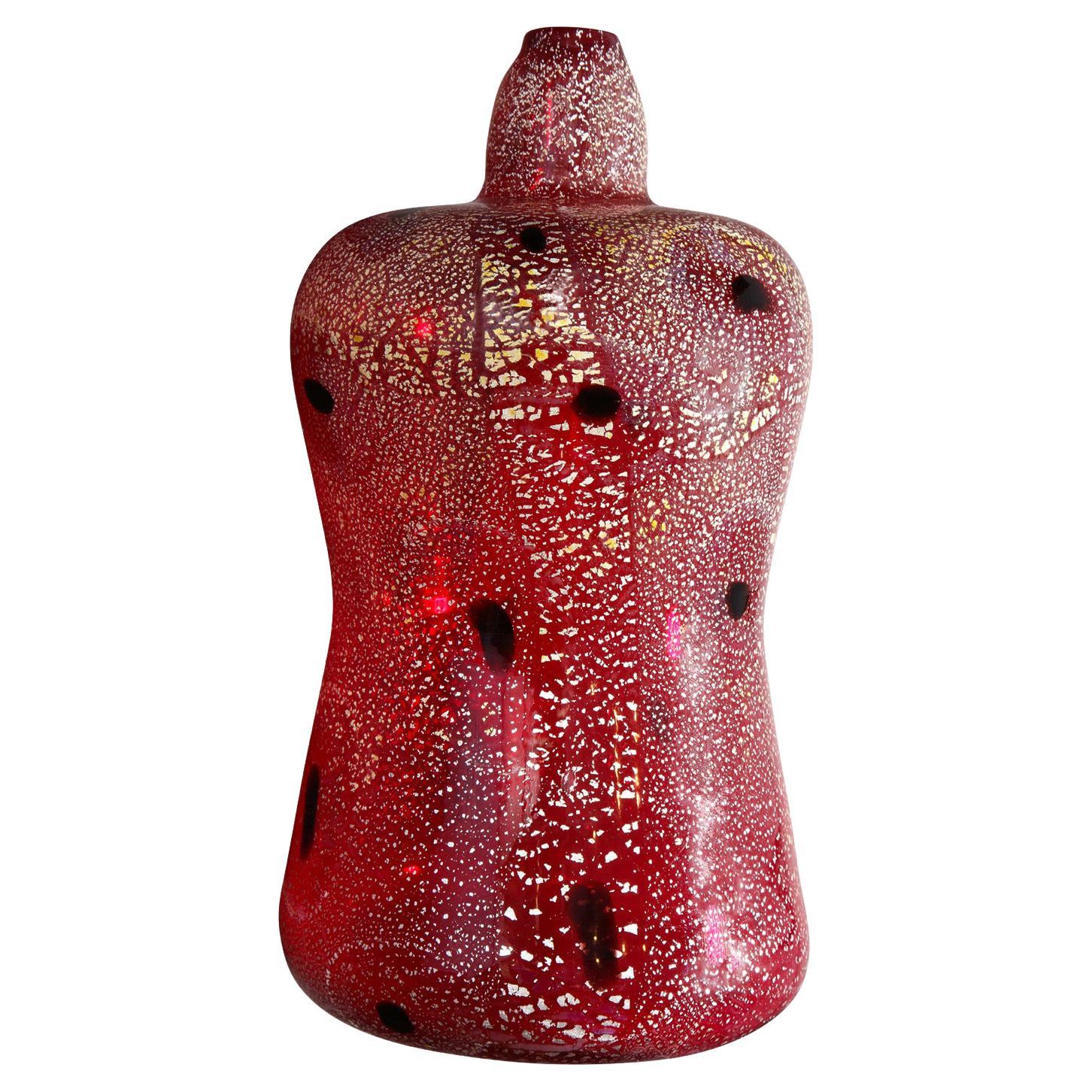 Giulio Radi Red Glass Vessel with Silver Foil and Murrhines, Ca 1950 For Sale