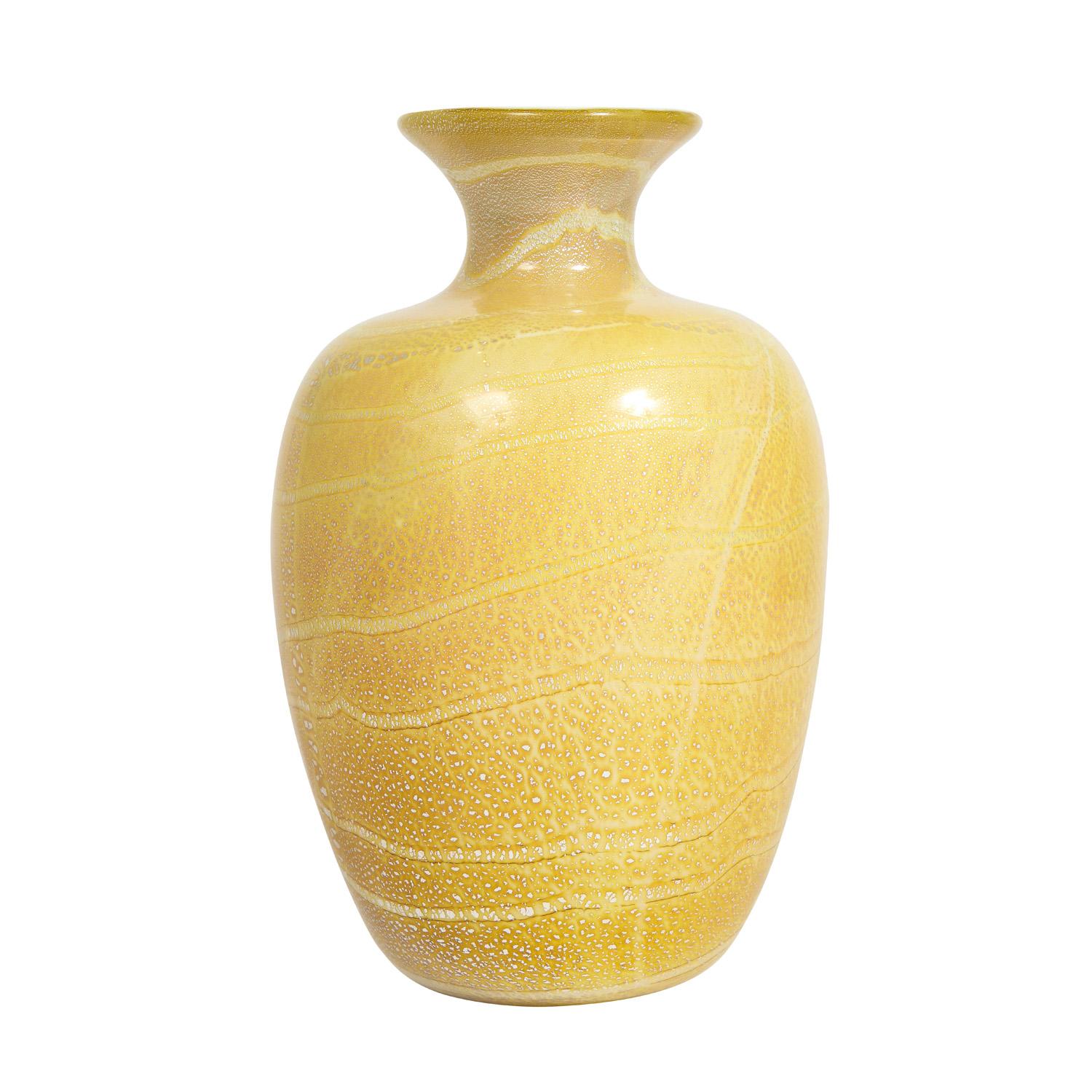 Hand-blown glass vase, yellow with silver foil and spiral design on the outside and blue on the inside, by Giulio Radi for A.V.E.M., Murano Italy, 
ca 1950.

Reference:
Murano ‘900 by Franco Deboni published in 1996 by Bocca Editori - Milano, in