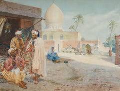 Giulio Rosati,  (1858-1917) Orientalist Watercolor Painting "Before a Mosque"