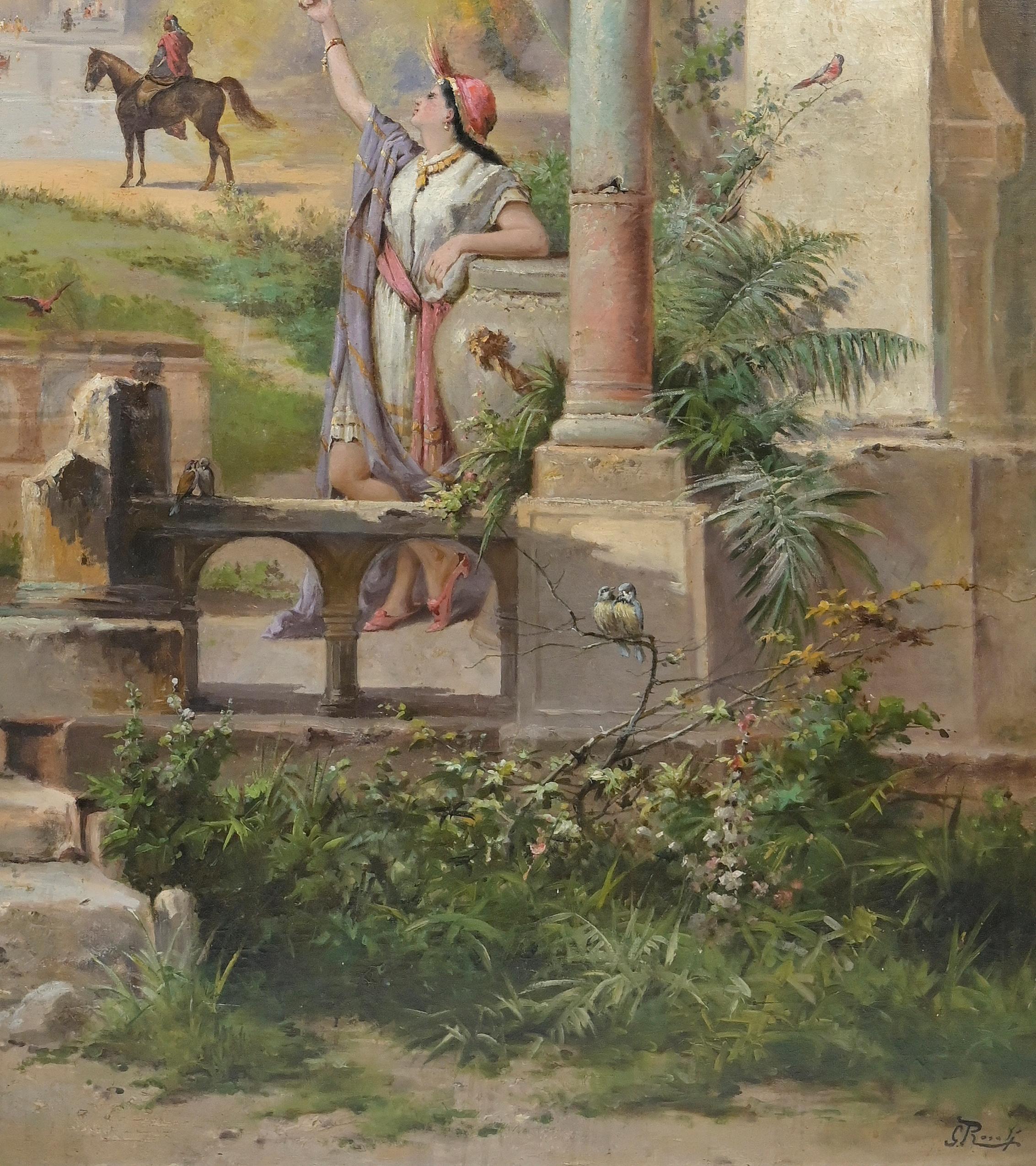 Oriental scene is an orientalist artwork realized by Giulio Rosati (1857 – 1917) .

The artwork depicts an oriental palace with lady and horse rider in landscape.

Mixed colored oil on canvas.

Hand signed on bottom right.

Includes coeval gilded