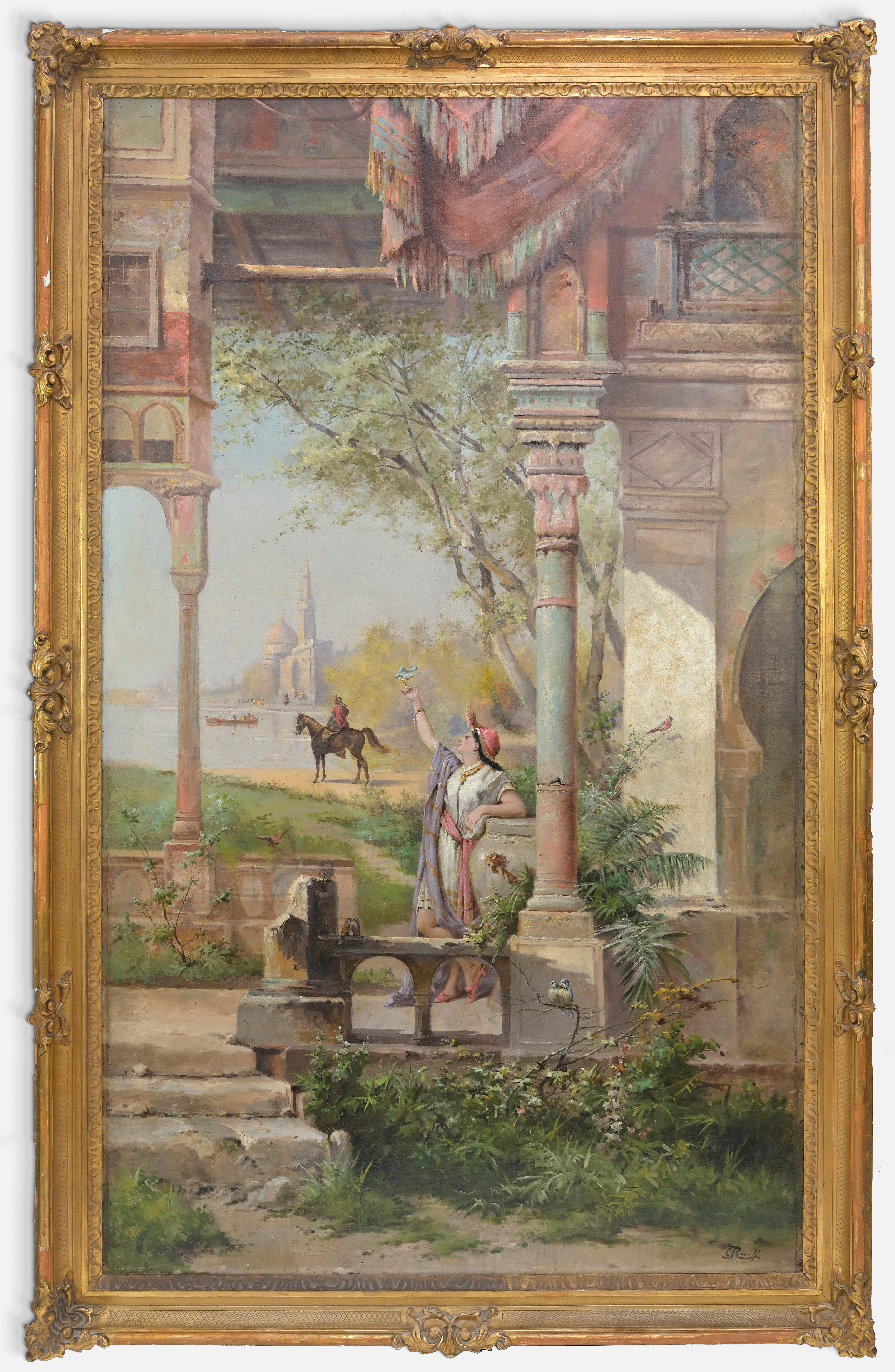Orientalische Szene ist ein orientalistisches Kunstwerk von Giulio Rosati (1857 - 1917).

Das Kunstwerk zeigt einen orientalischen Palast mit Dame und Reiterin in einer Landschaft.

Gemischtes farbiges Öl auf Leinwand.

Rechts unten