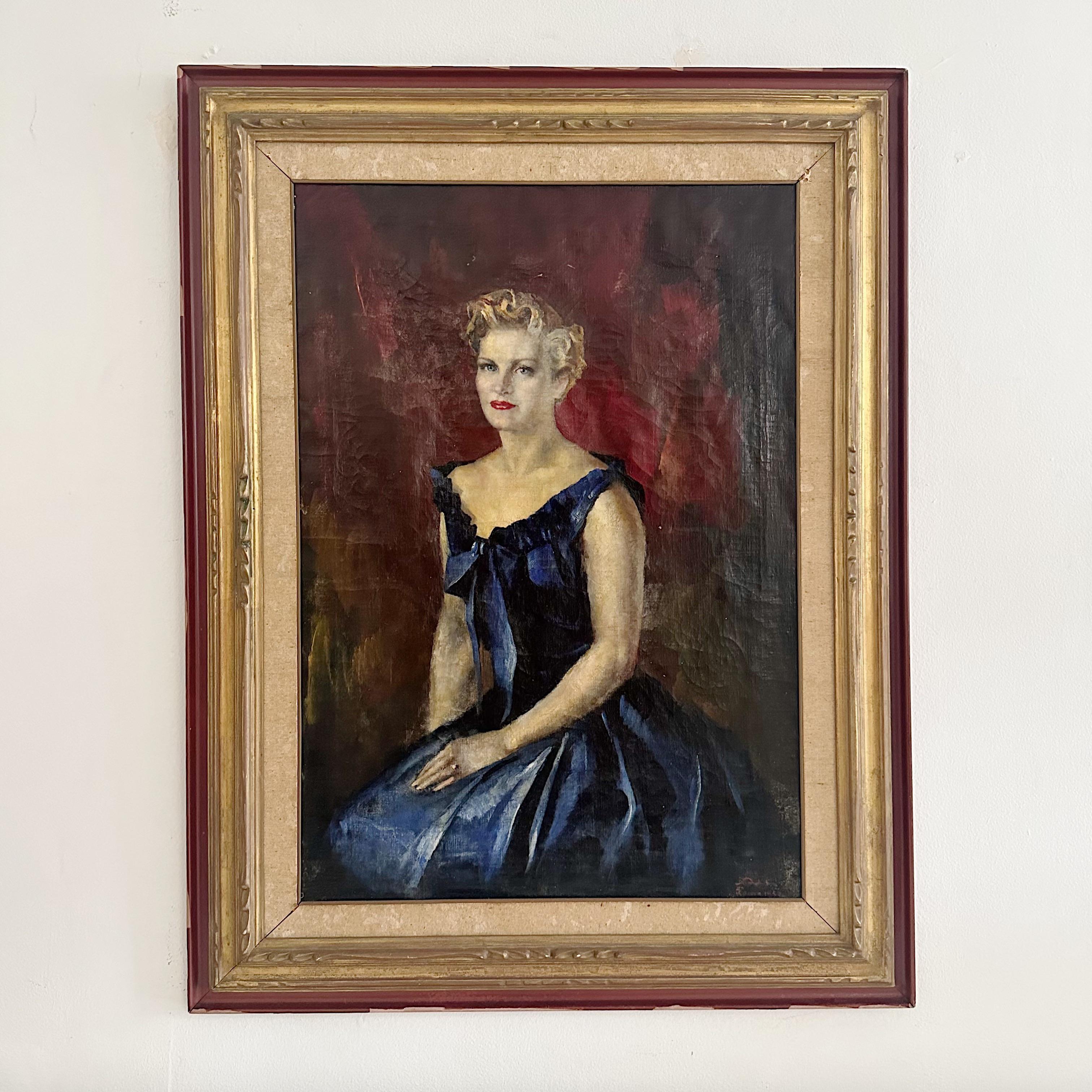 Giulio Salti (1899-1984 Italy) Portrait Lady in Blue Dress Oil on Canvas 1952 4