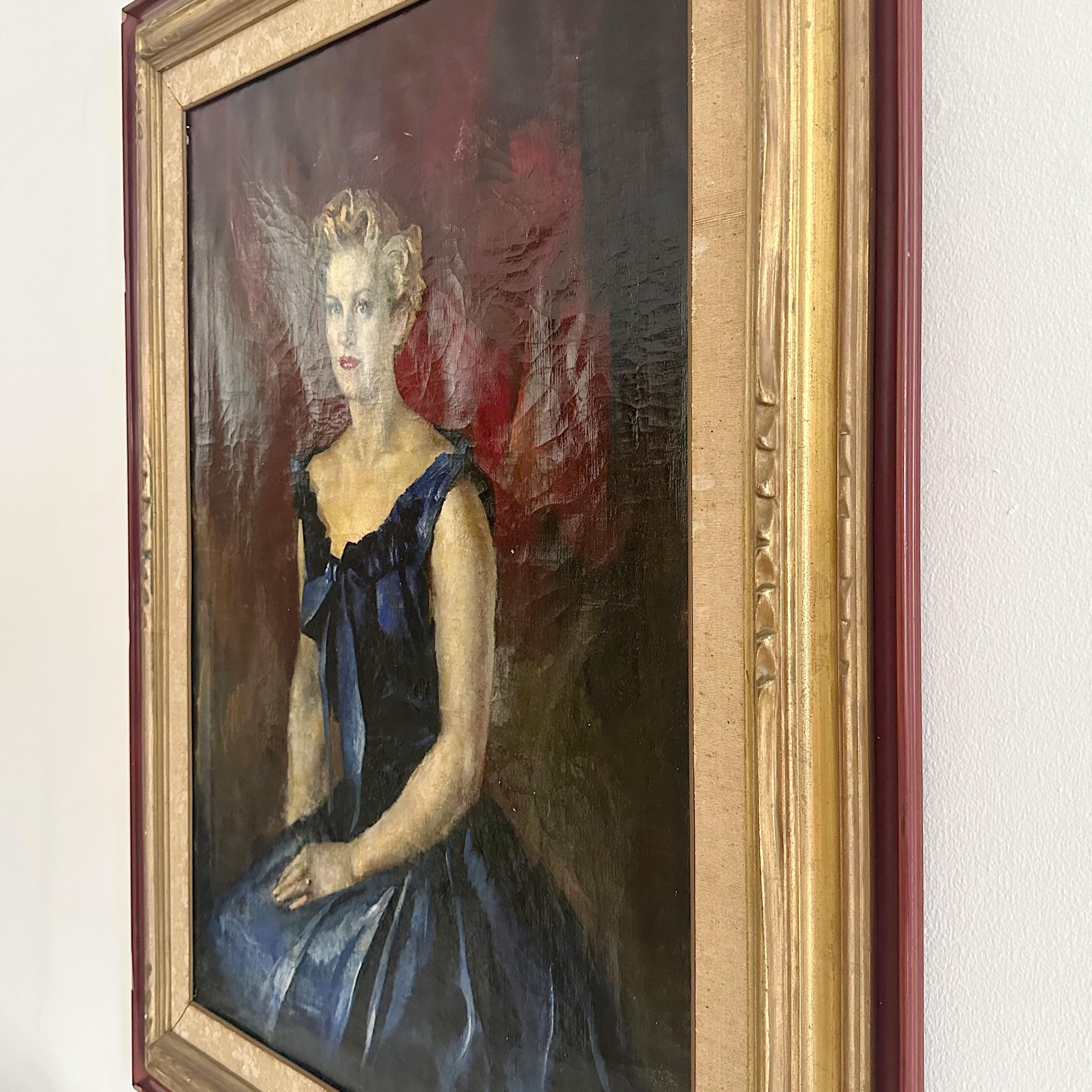 Exquisite oil on canvas portrait of a young lady in stunning blue dress, signed on the front bottom right Guilio Salti, also signed on reverse with original Florentine Gallery Label.
Giulio Salti (1899-1984) was born in Barberino di Mugello