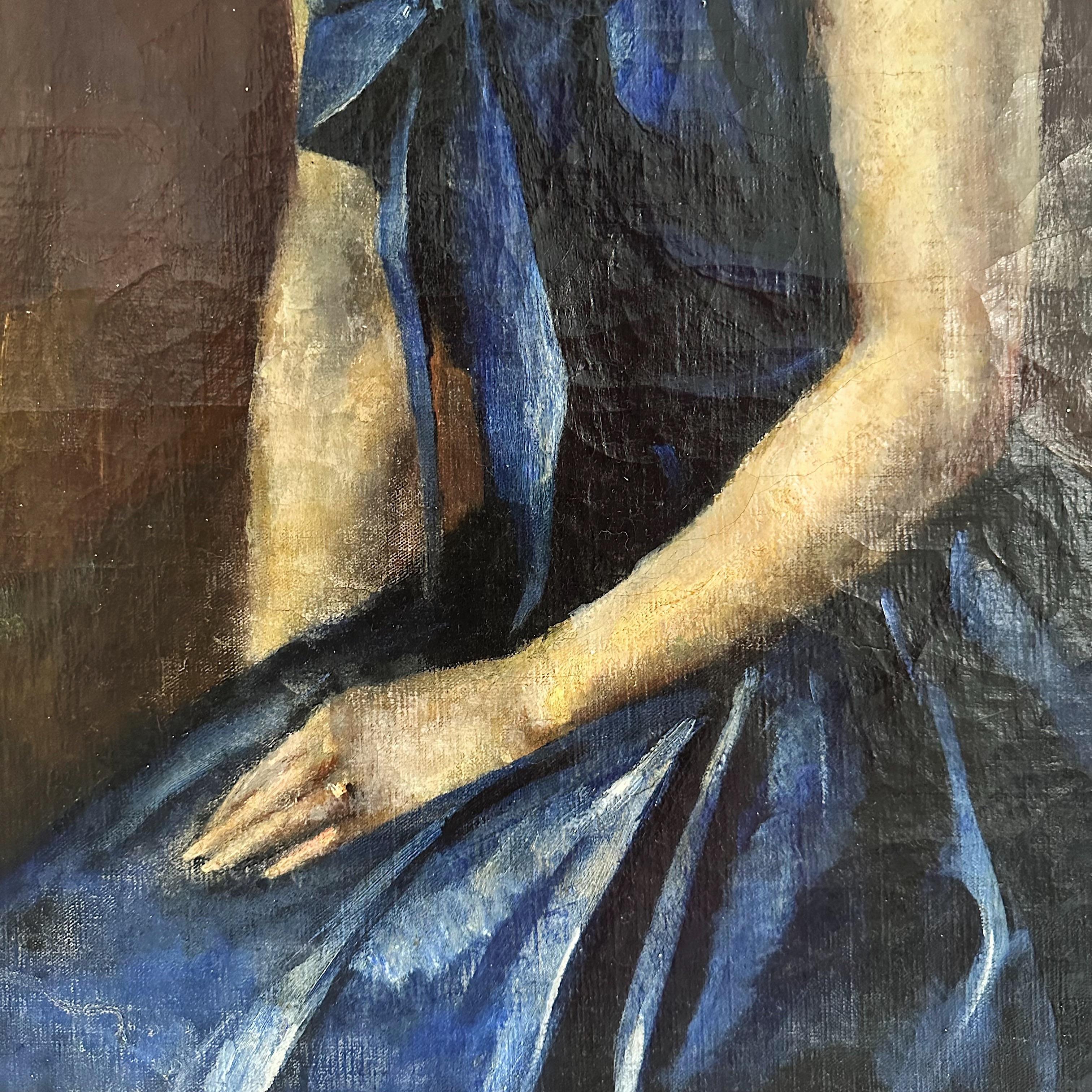 Hollywood Regency Giulio Salti (1899-1984 Italy) Portrait Lady in Blue Dress Oil on Canvas 1952 For Sale
