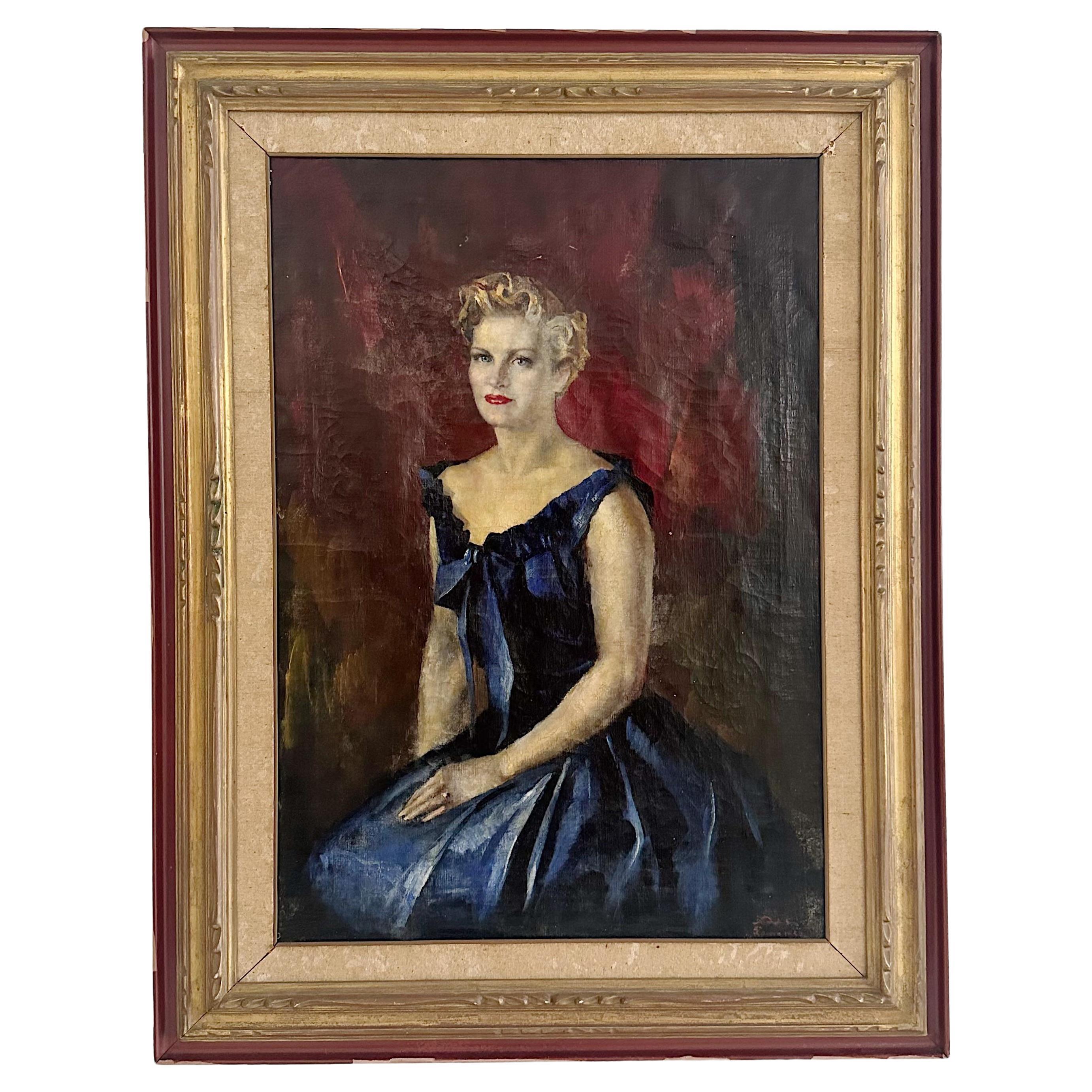 Giulio Salti (1899-1984 Italy) Portrait Lady in Blue Dress Oil on Canvas 1952 For Sale