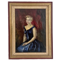 Retro Giulio Salti (1899-1984 Italy) Portrait Lady in Blue Dress Oil on Canvas 1952