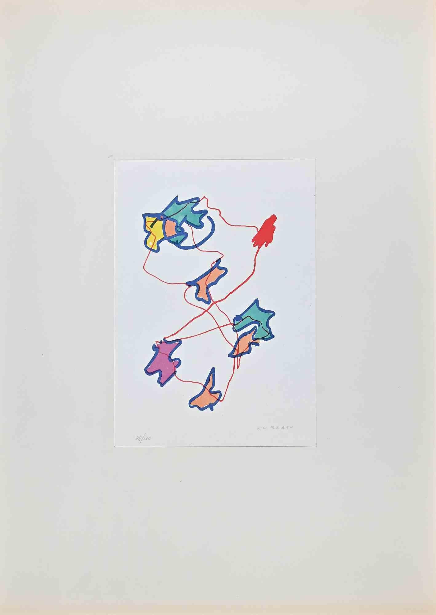 Composition abstraite est une lithographie colorée réalisée par l'artiste contemporain Giulio Turcato en 1973.

Signé à la main au crayon en bas à droite.

Numéroté dans la marge inférieure, édition 72/100.

Label d'authenticité de La Nuova Foglio