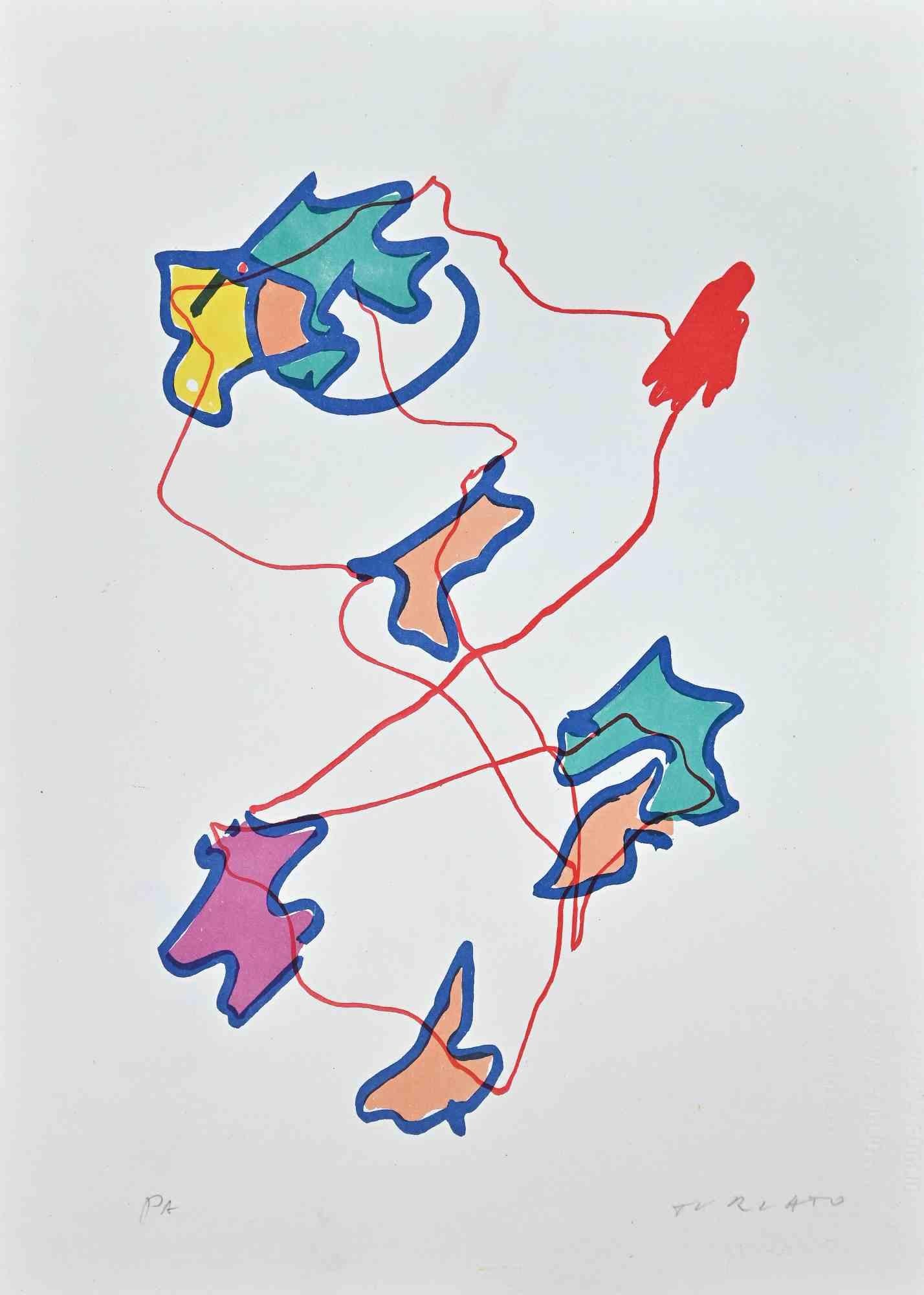 Leaves ist ein farbiger Siebdruck, der von dem zeitgenössischen Künstler Giulio Turcato 1973 realisiert wurde.

Handsigniert mit Bleistift unten rechts.

Artist's Proof.

Echtheitsetikett von La Nuova Foglio auf der Rückseite. 

Gute