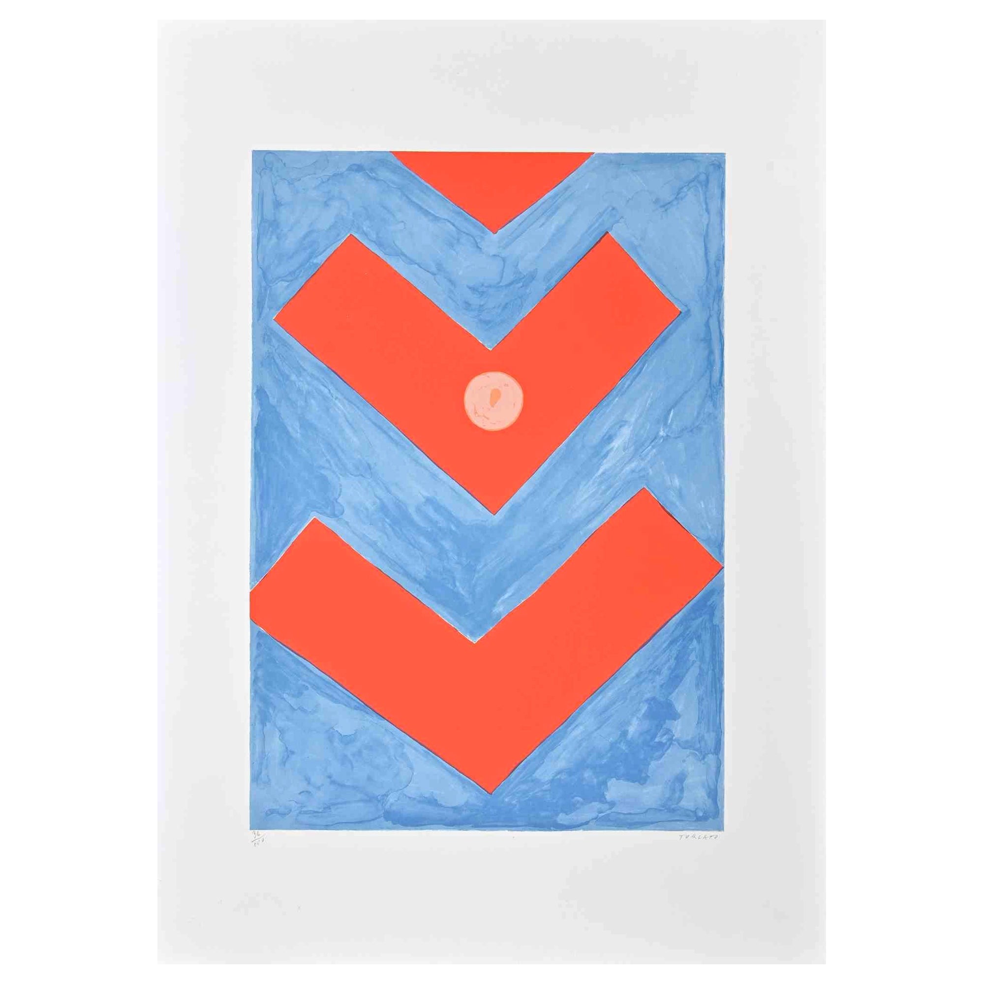 Red Arrows is a colored screen print realized by the contemporary artist Giulio Turcato in 1973.

Hand-signed in pencil on the lower right.

Numbered on the lower left margin, edition 36/100.

Authenticity label of La Nuova Foglio on the back.