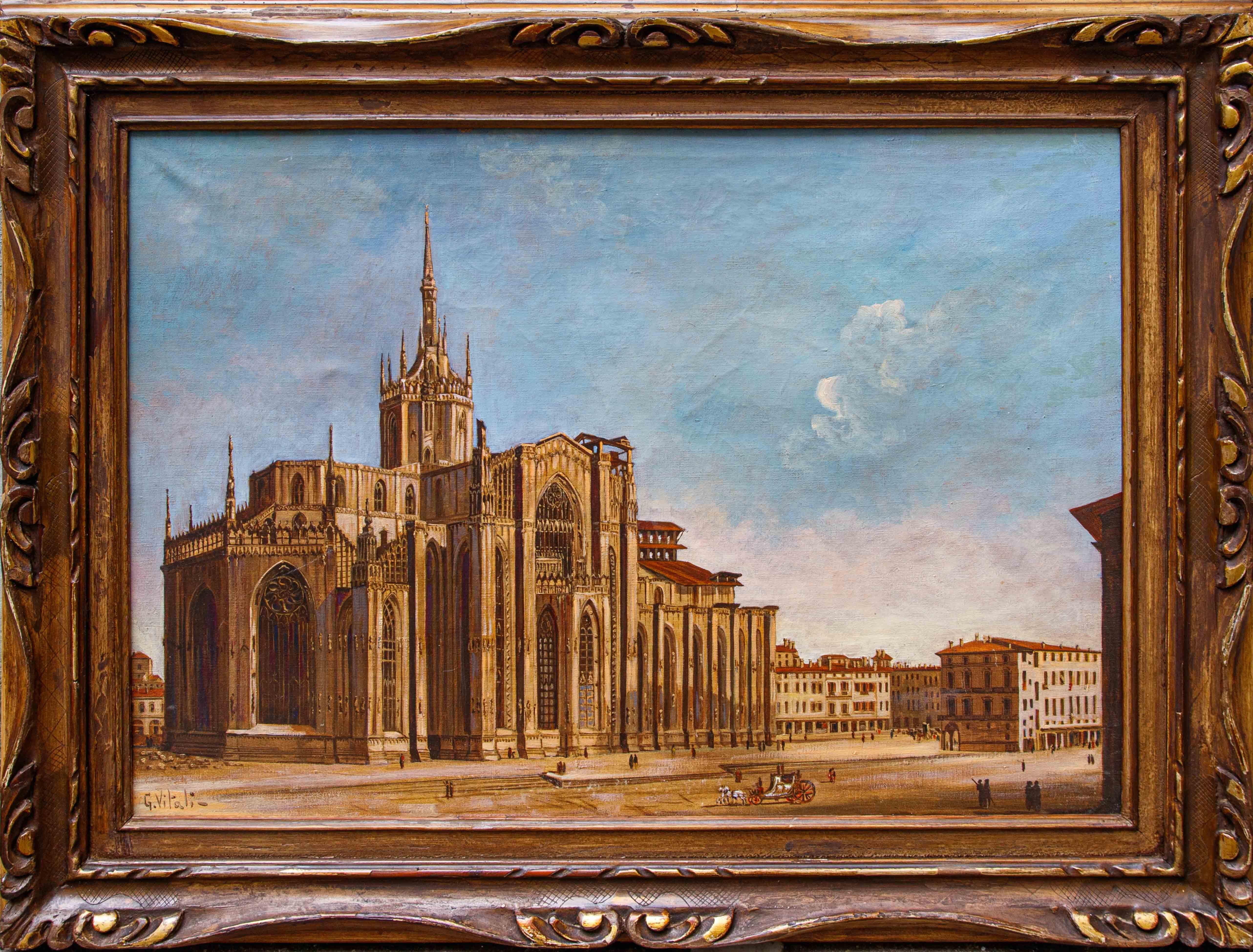 Giulio Vitali, XX secolo

Veduta del Duomo di Milano

Olio su tela, cm 48 x 68

Con cornice, cm 66 x 85

Firmato G. Vitali in basso a sinistra

Questa veduta del Duomo di Milano è ripresa dalla attuale via Agnello, posta dunque sul lato posteriore