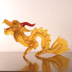 GIUMAN Murano Amber Glass Big Dragon Sculpture Made in Italy, Available in Stock