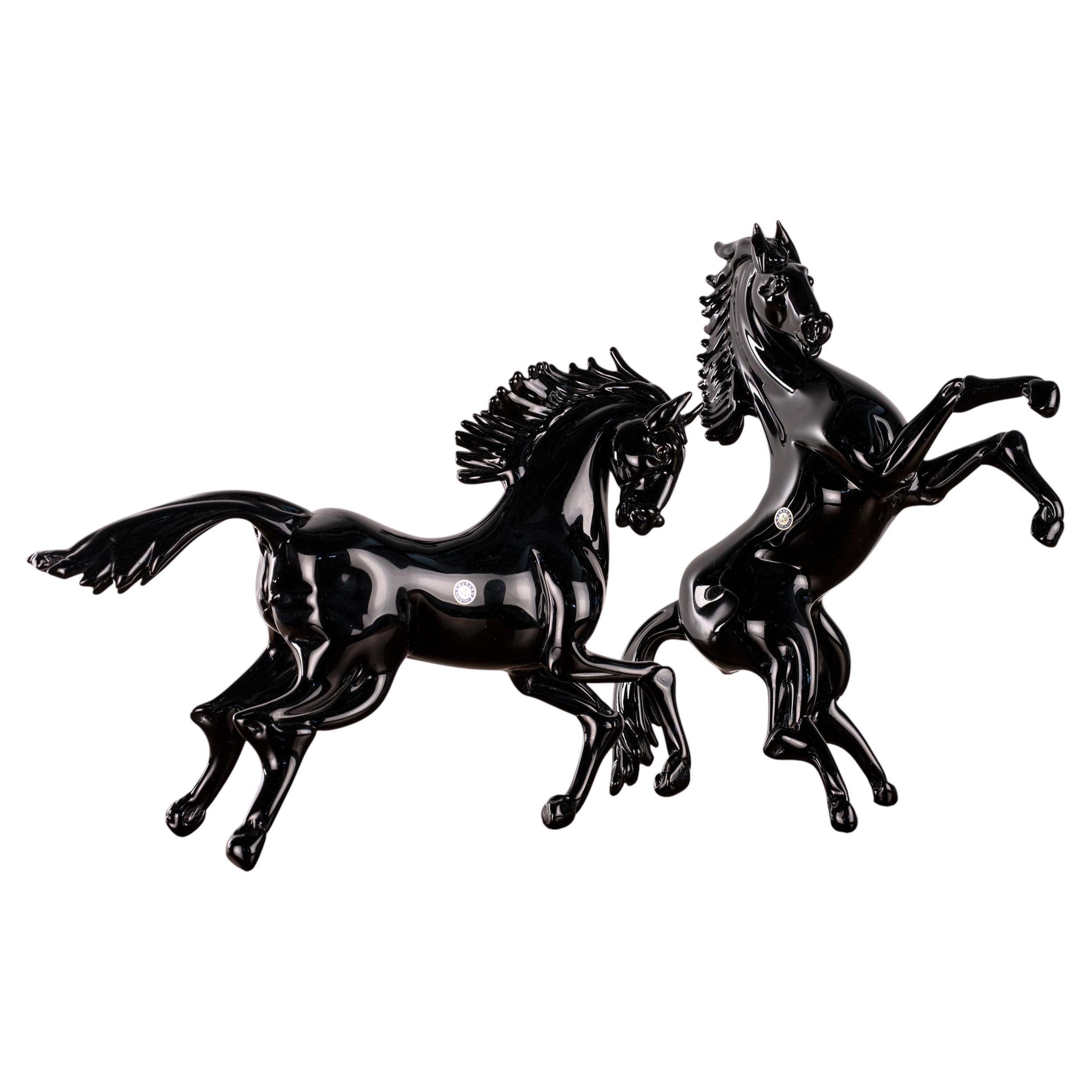 GIUMAN Murano Glass Big Black Horses Sculptures Made in Italy Disponible en stock
