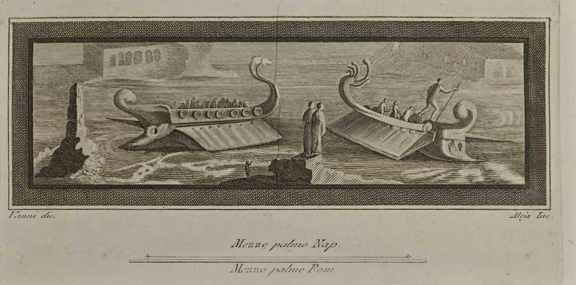 Ancient Roman Boats from the series "Antiquities of Herculaneum", is anetching on paper realized by Giuseppe Aloja in the 18th Century.
Signed on the plate.
Good conditions.
The etching belongs to the print suite “Antiquities of Herculaneum Exposed”
