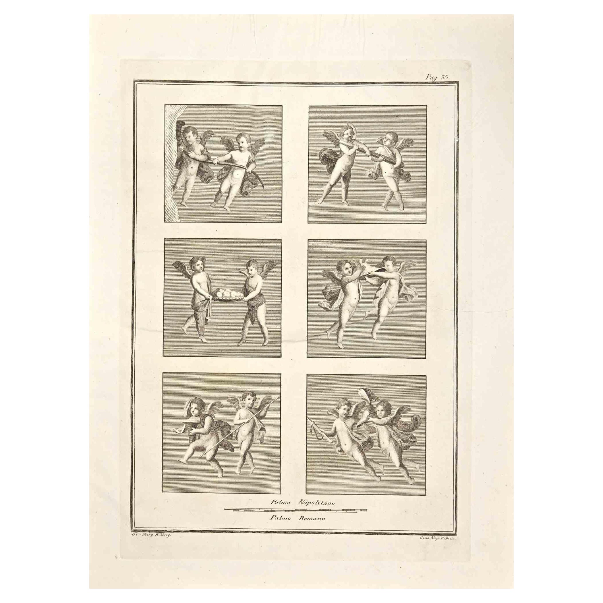Ancienne gravure romaine Fresco Herculaneum de G. Aloja  XVIIIe siècle