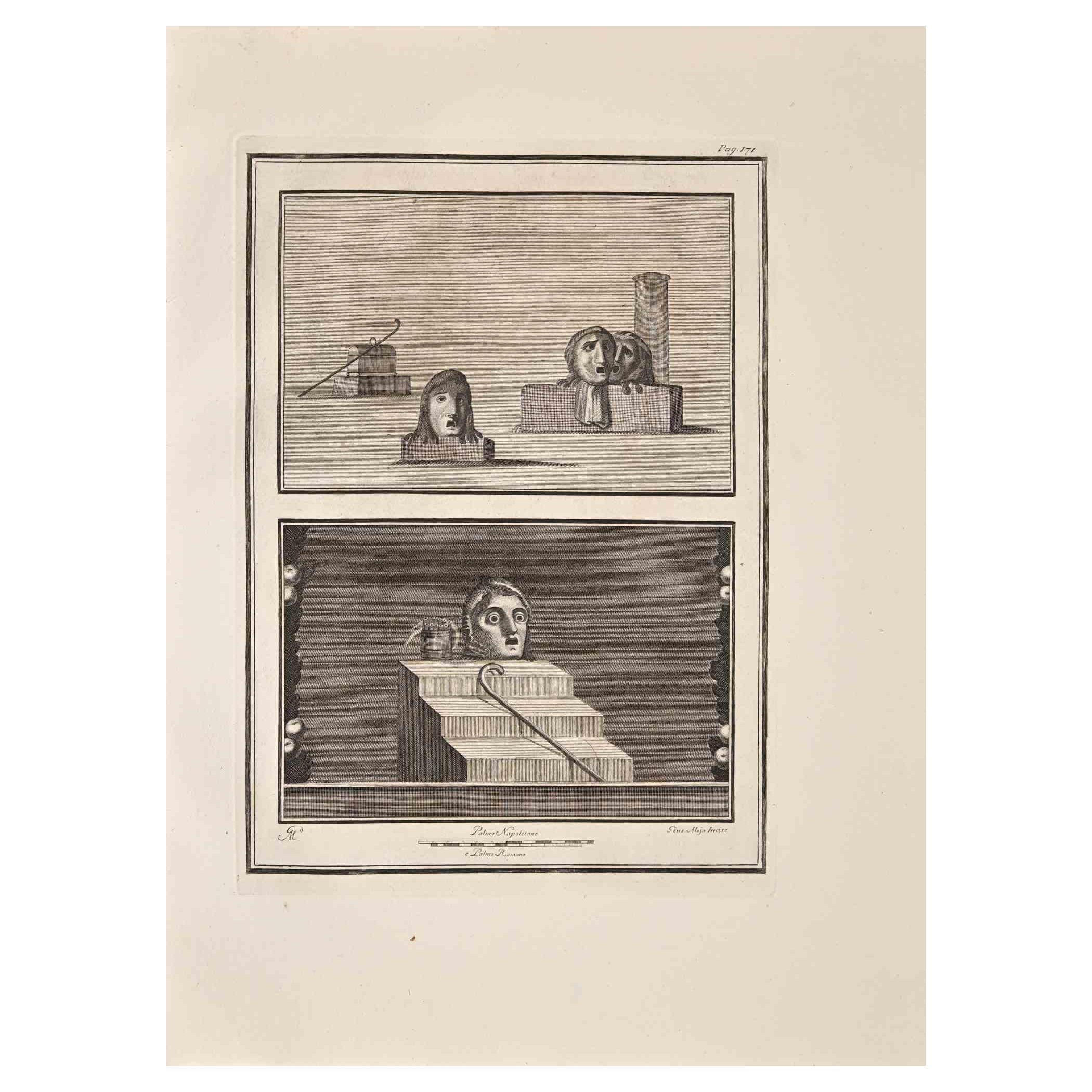 Herculanum Fresco romain antique - gravure de G. Aloja  - 18ème siècle