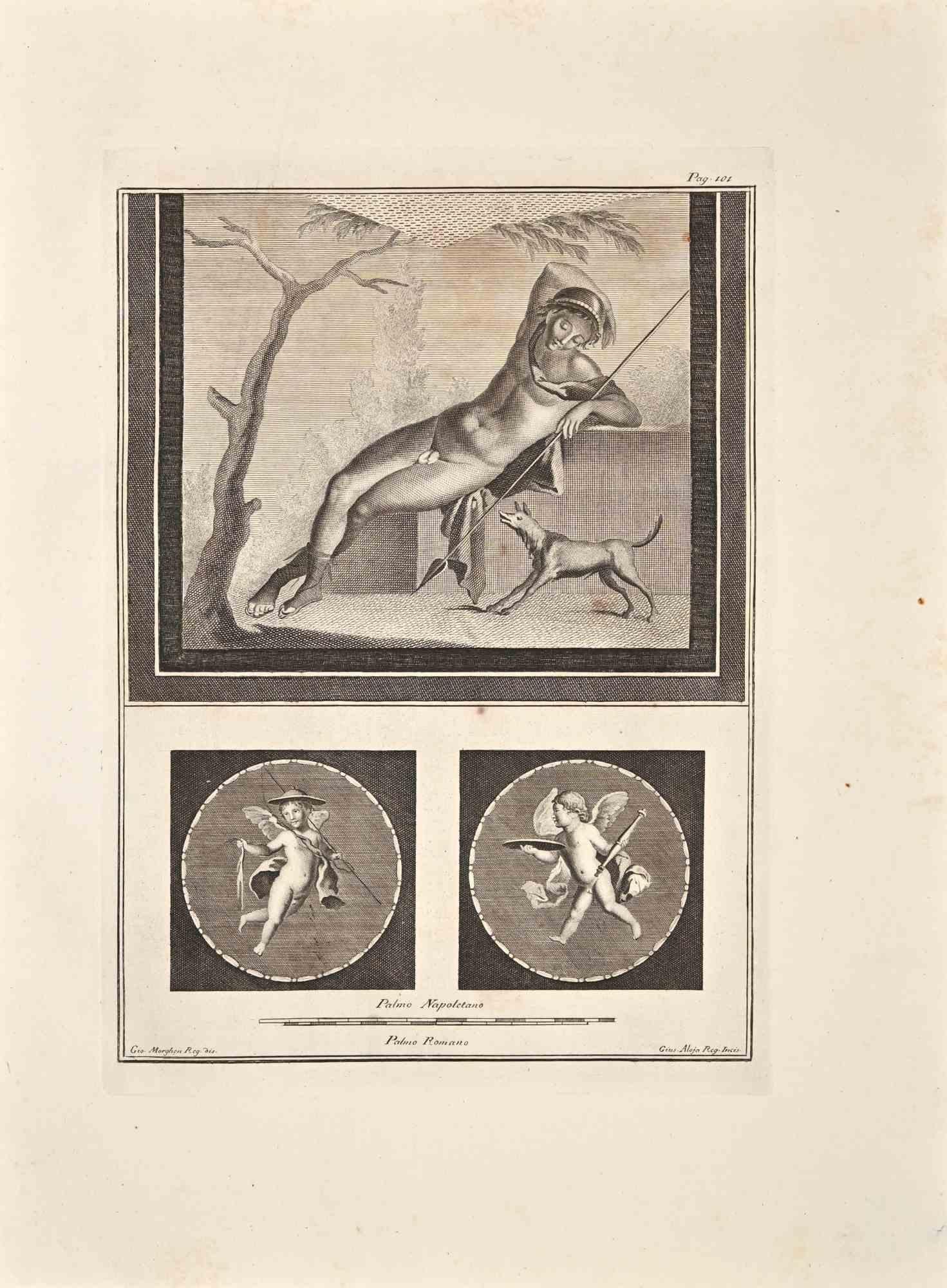 Giuseppe Aloja Figurative Print - Ancient Roman Fresco Herculaneum - Etching by G. Aloja  - 18th Century