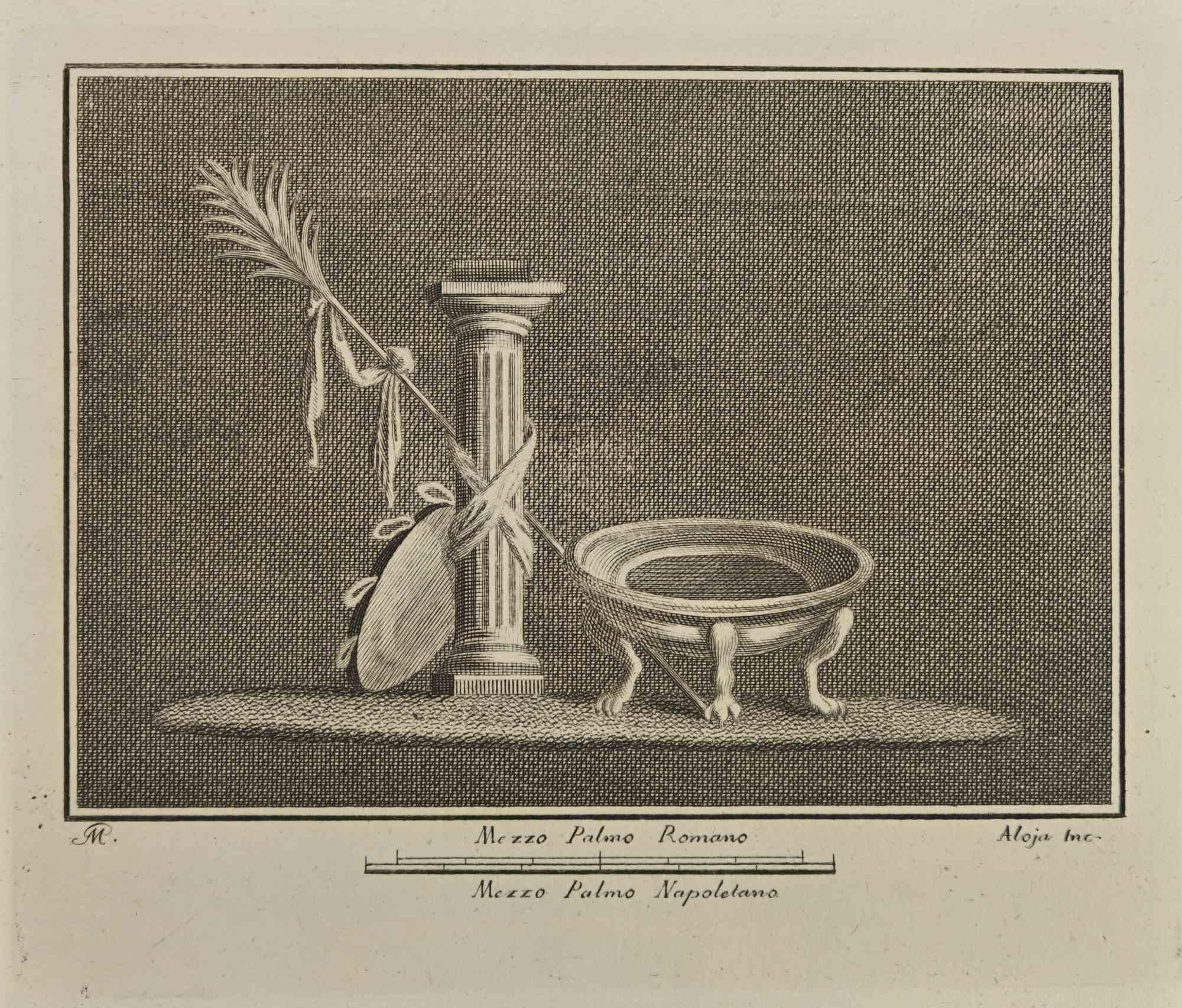 Antike römische Szene aus der Serie "Antiquitäten von Herculaneum", ist eine Radierung auf Papier, die von Giuseppe Aloja im 18.

 

Signiert auf der Platte.

 

Gute Bedingungen.

 

Die Radierung gehört zu der Druckserie "Antiquities of