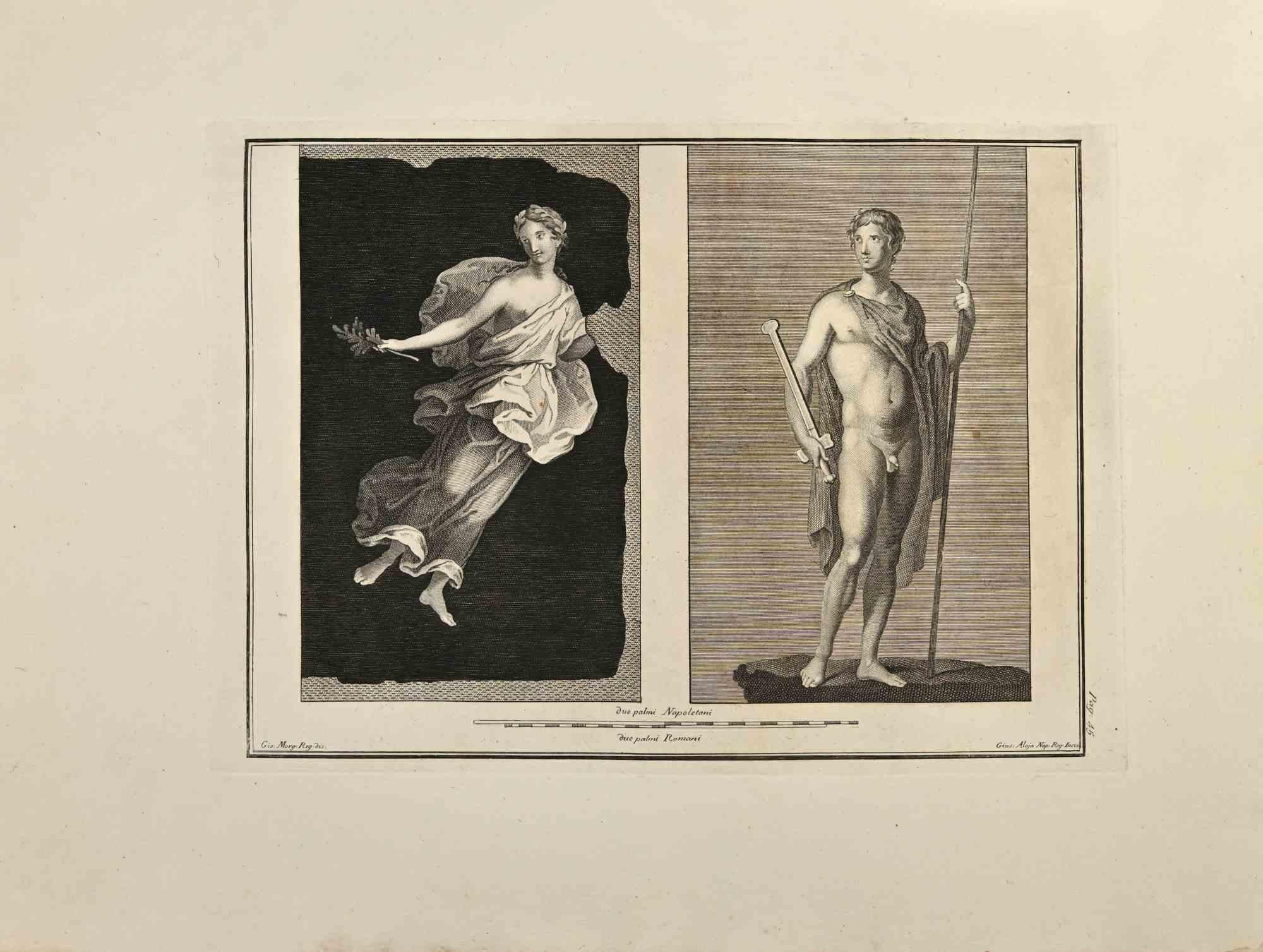 Deities from "Antiquities of Herculaneum"is an etching on paper realized by Giuseppe Aloja in the 18th Century.

Signed on the plate.

Good conditions with some foxing and folding due to the time.

The etching belongs to the print suite “Antiquities