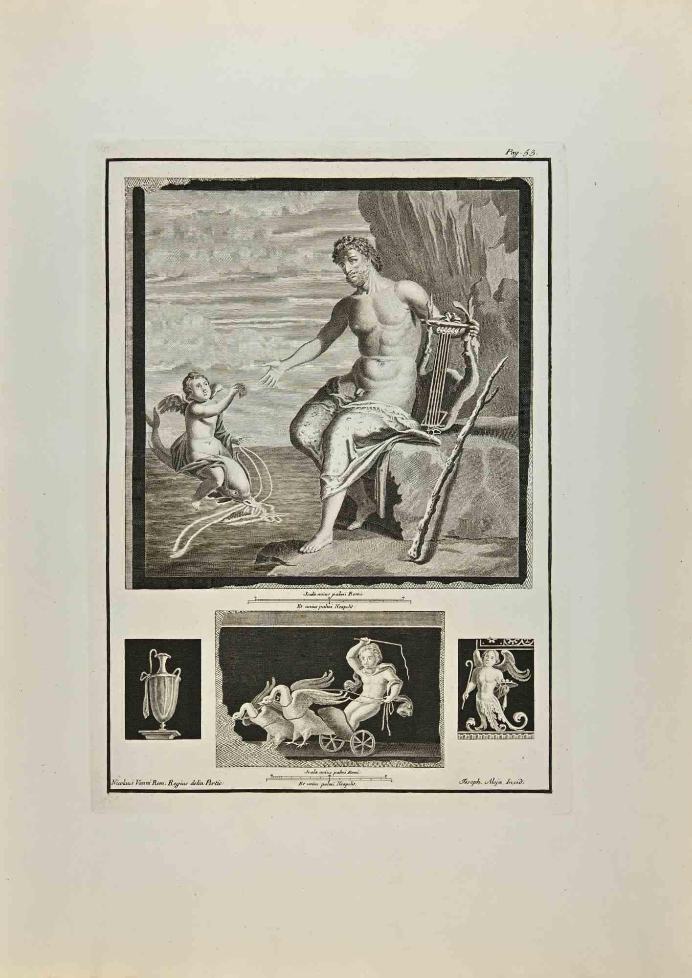 Héraclès et Cupidon des "Antiquités d'Herculanum" est une gravure sur papier réalisée par Giuseppe Aloja au 18ème siècle.

Signé sur la plaque.

Bon état avec quelques pliures.

La gravure appartient à la suite d'estampes "Antiquités d'Herculanum
