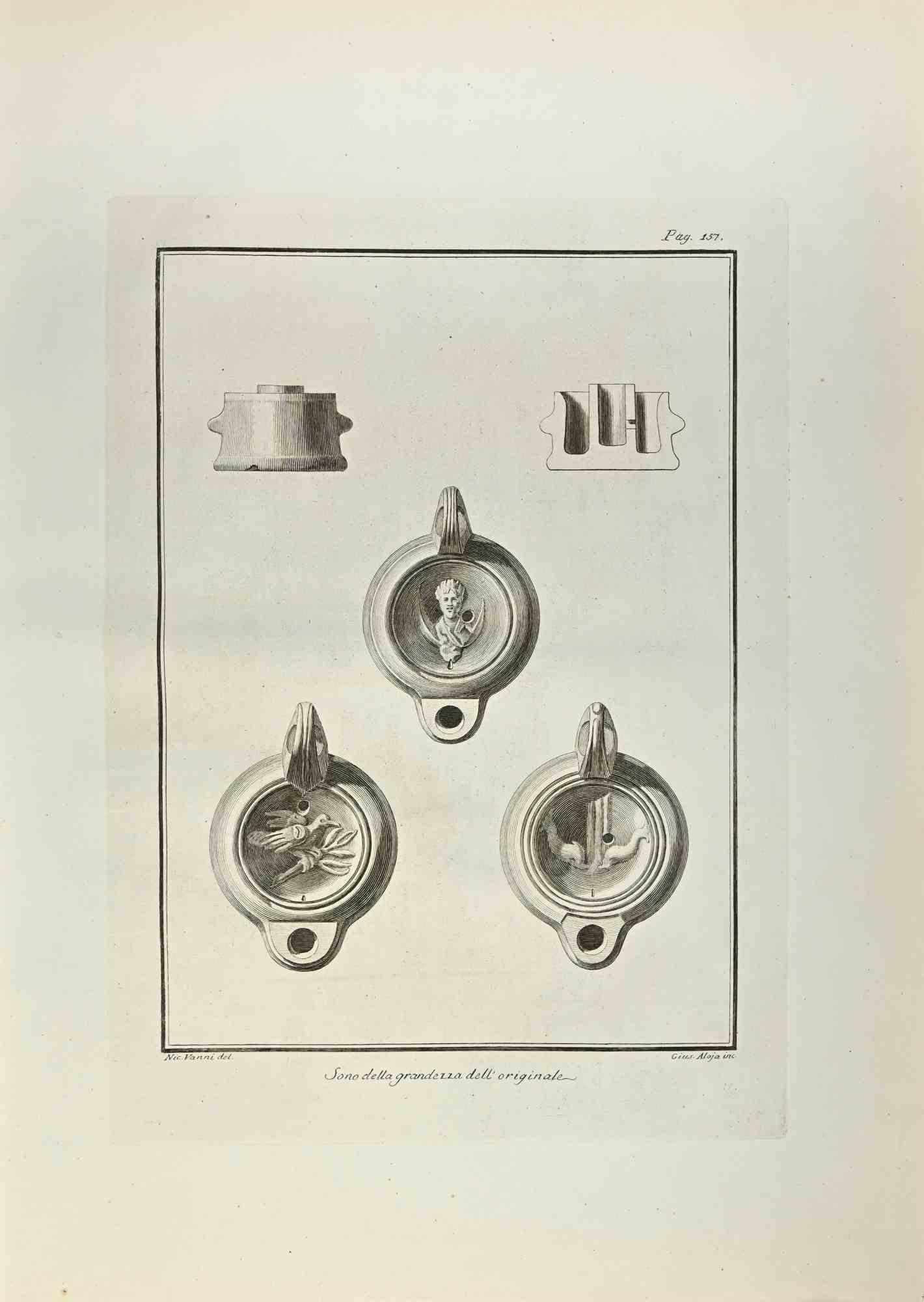 Oil Lamp With Bird and Caesar Bust from "Antiquities of Herculaneum" is an etching on paper realized by Giuseppe Aloja in the 18th Century.

Signed on the plate.

Good conditions with some foxing, a small missing piece of paper at the top left