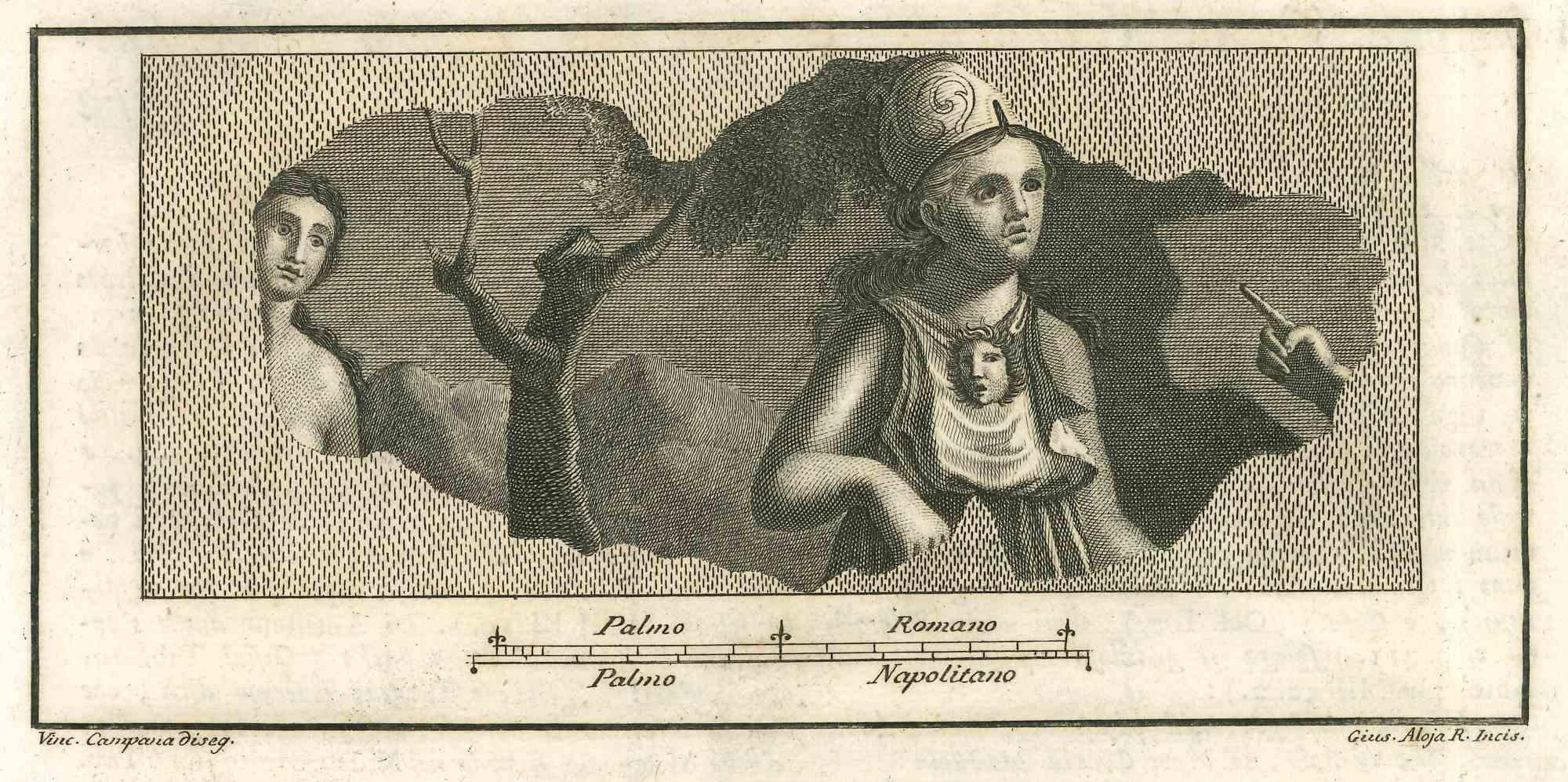 Pompeian Fresco from "Antiquities of Herculaneum" is an etching on paper realized by Giuseppe Aloja in the 18th Century.

Signed on the plate.

Good conditions with slight folding.

The etching belongs to the print suite “Antiquities of Herculaneum