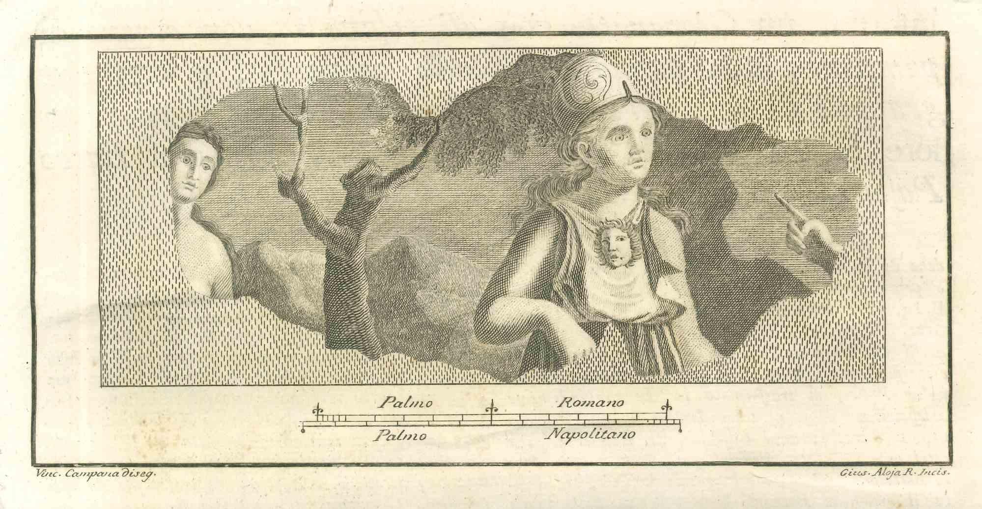 Fresque romaine des "Antiquités d'Herculanum" est une gravure sur papier réalisée par Giuseppe Aloja au XVIIIe siècle.

Signé sur la plaque.

Bonnes conditions.

La gravure appartient à la suite d'estampes "Antiquités d'Herculanum exposées" (titre