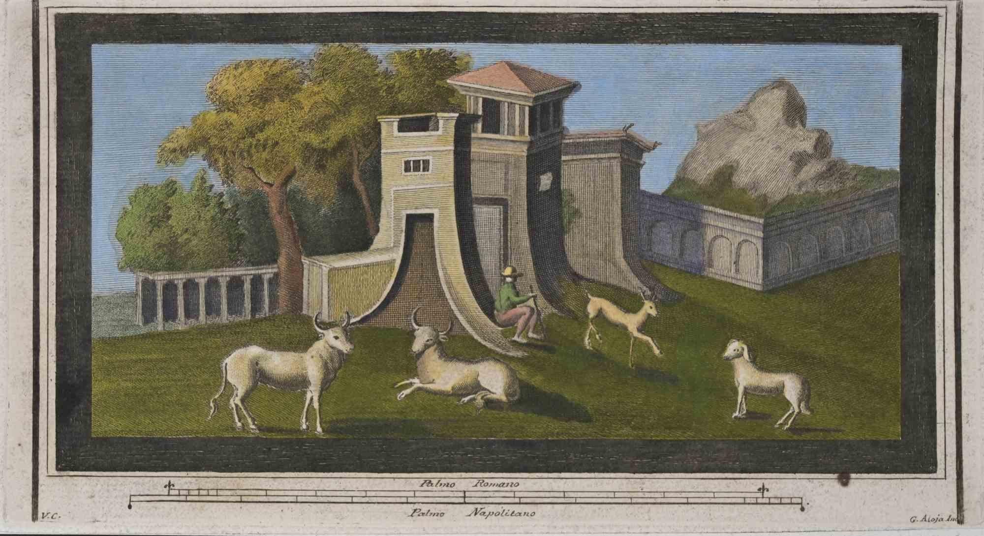 Roman Temple and Tower from "Antiquities of Herculaneum" is an etching on paper realized by Giuseppe Aloja in the 18th Century.

Signed on the plate.

Good conditions.

The etching belongs to the print suite "Antiquities of Herculaneum Exposed"