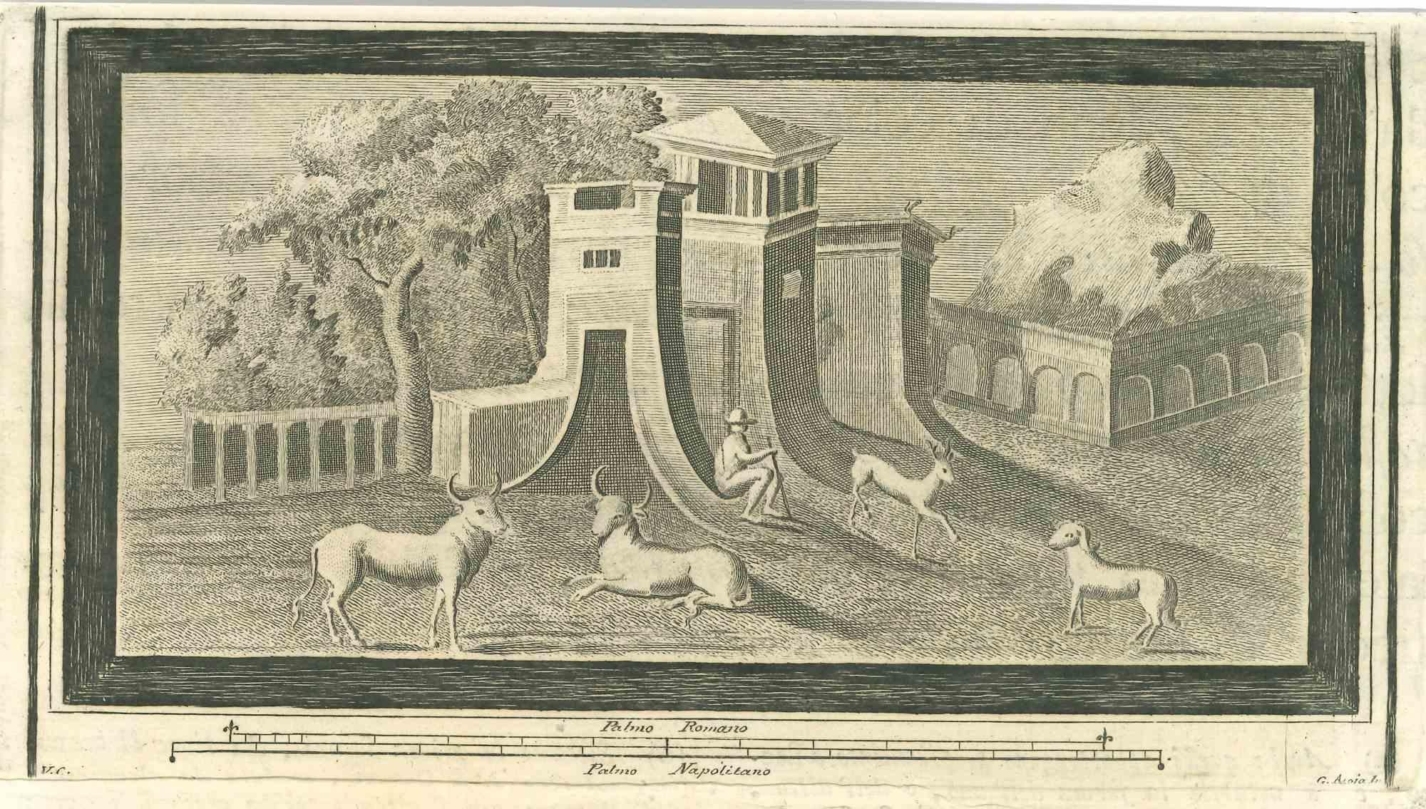 Roman Temple and Tower from "Antiquities of Herculaneum" is an etching on paper realized by Giuseppe Aloja in the 18th Century.

Signed on the plate.

Good conditions.

The etching belongs to the print suite “Antiquities of Herculaneum Exposed”