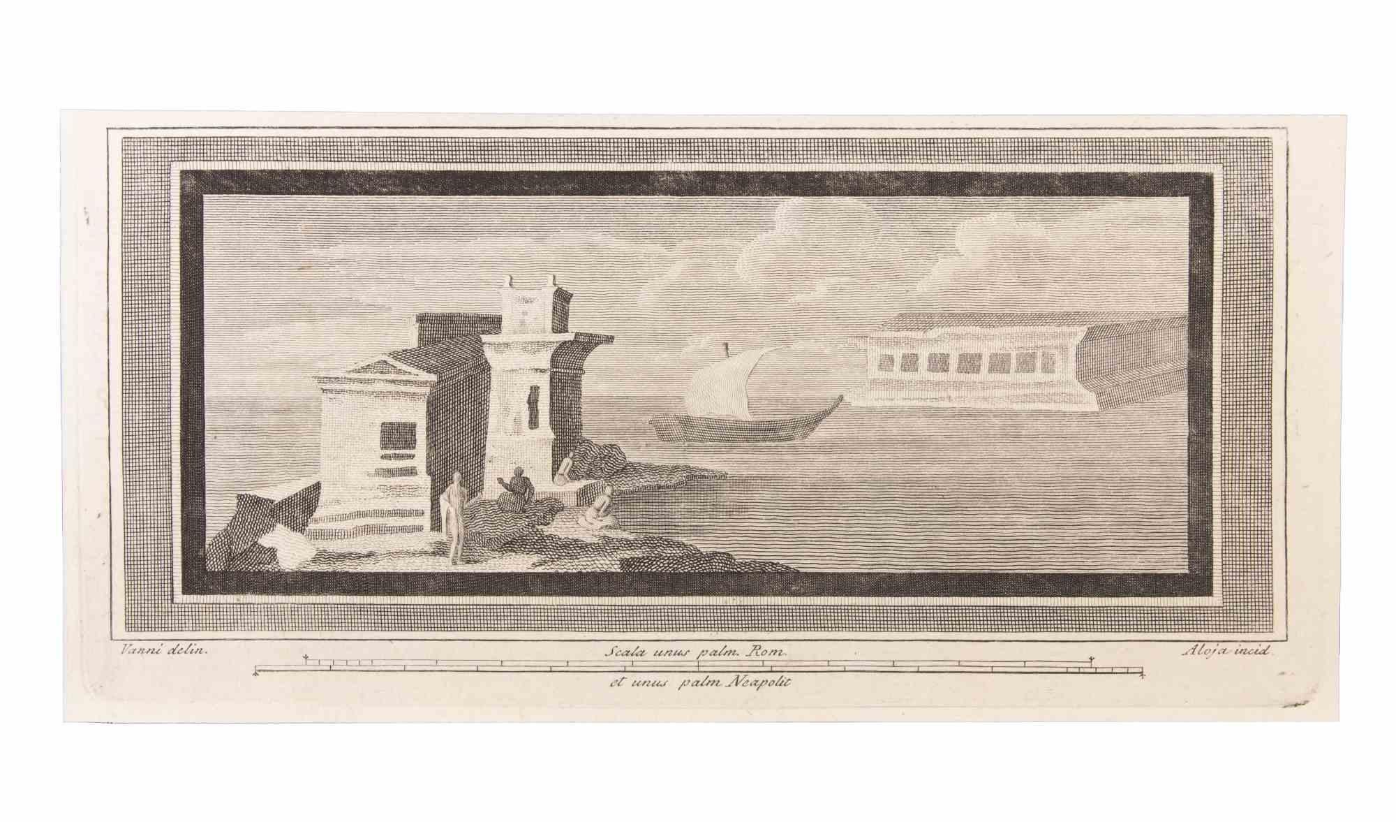Seascape is an Etching realized by  Luigi Aloja (1783-1837).

The etching belongs to the print suite “Antiquities of Herculaneum Exposed” (original title: “Le Antichità di Ercolano Esposte”), an eight-volume volume of engravings of the finds from