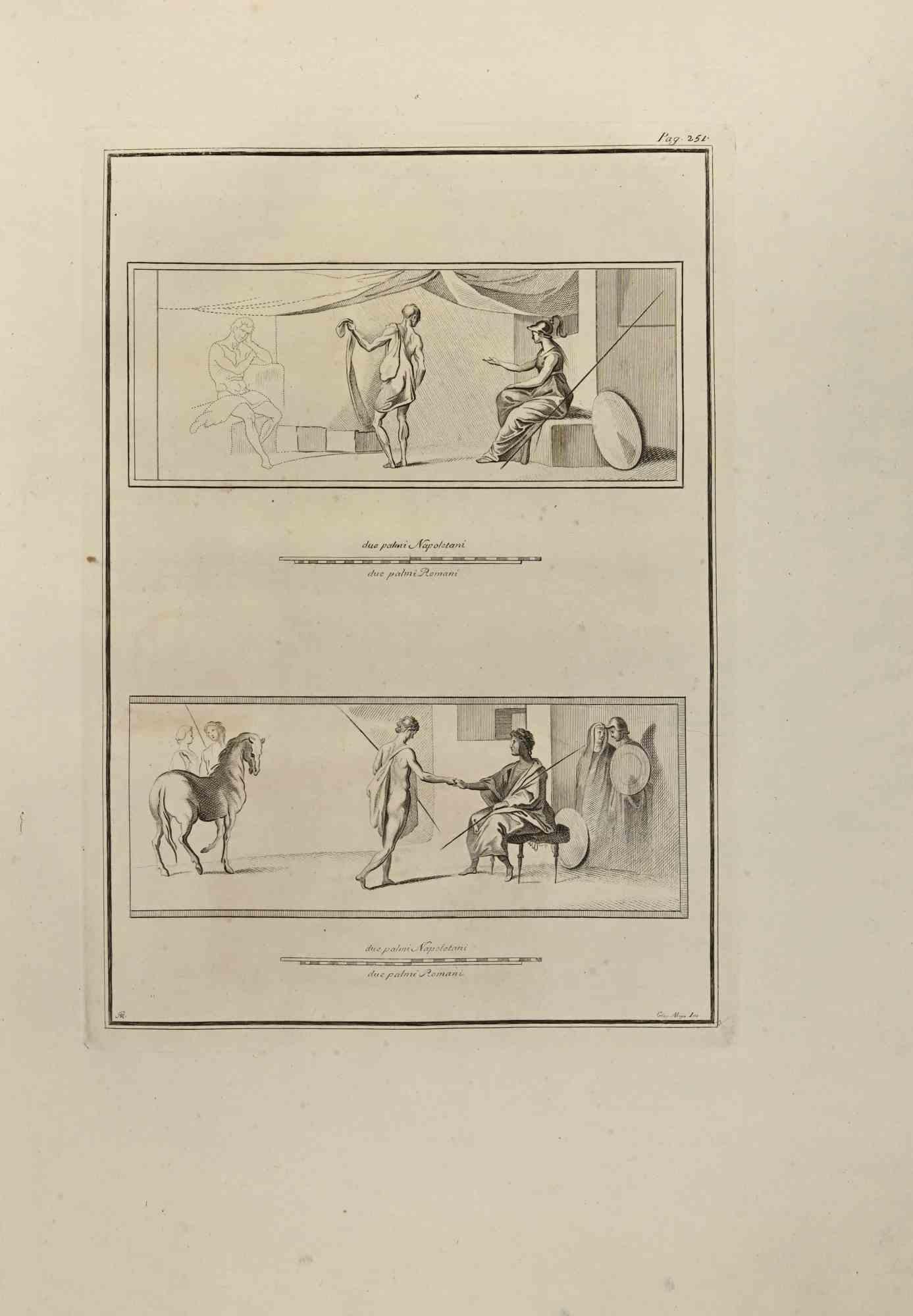 Minerva bändigt den Zorn des Achilles aus den "Altertümern von Herculaneum" ist eine Radierung auf Papier von Giuseppe Aloja aus dem 18. Jahrhundert.

Signiert auf der Platte.

Guter Zustand mit einigen Faltungen und stockfleckig.

Die Radierung
