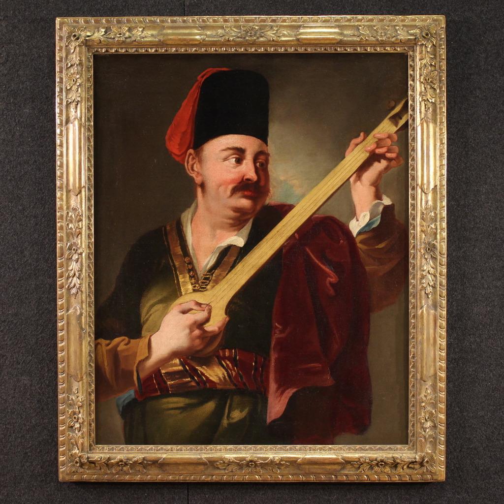 Rare pair of portraits from the second half of the 18th century. Oil on canvas artworks depicting two splendid male figures, a hunter with his dog and a player with a stringed instrument. Paintings of remarkable pictorial quality with traditional
