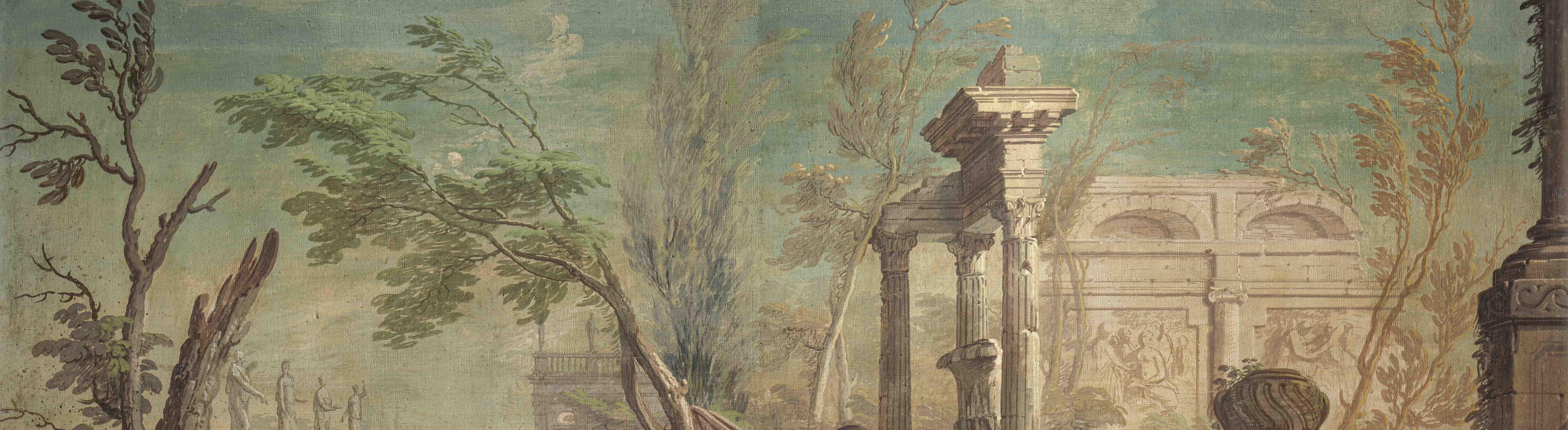 La obra, temple sobre lienzo en gran estado de conservación, forma parte de una serie de cuatro grandes cuadros de diversos autores documentados en origen en la Villa La Zambra de Sesto Fiorentino. Esta residencia, hoy oficina de policía, perteneció
