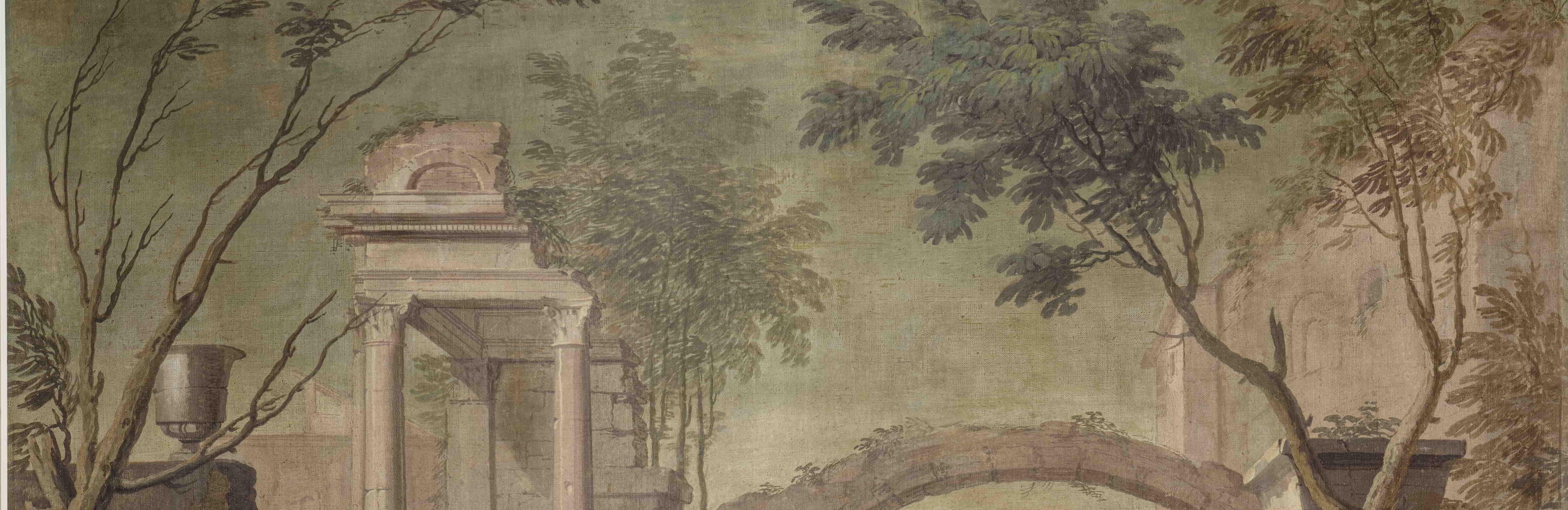 Pintura neoclásica florentina de paisaje alegórico de un lienzo al temple de la Villa en venta 1