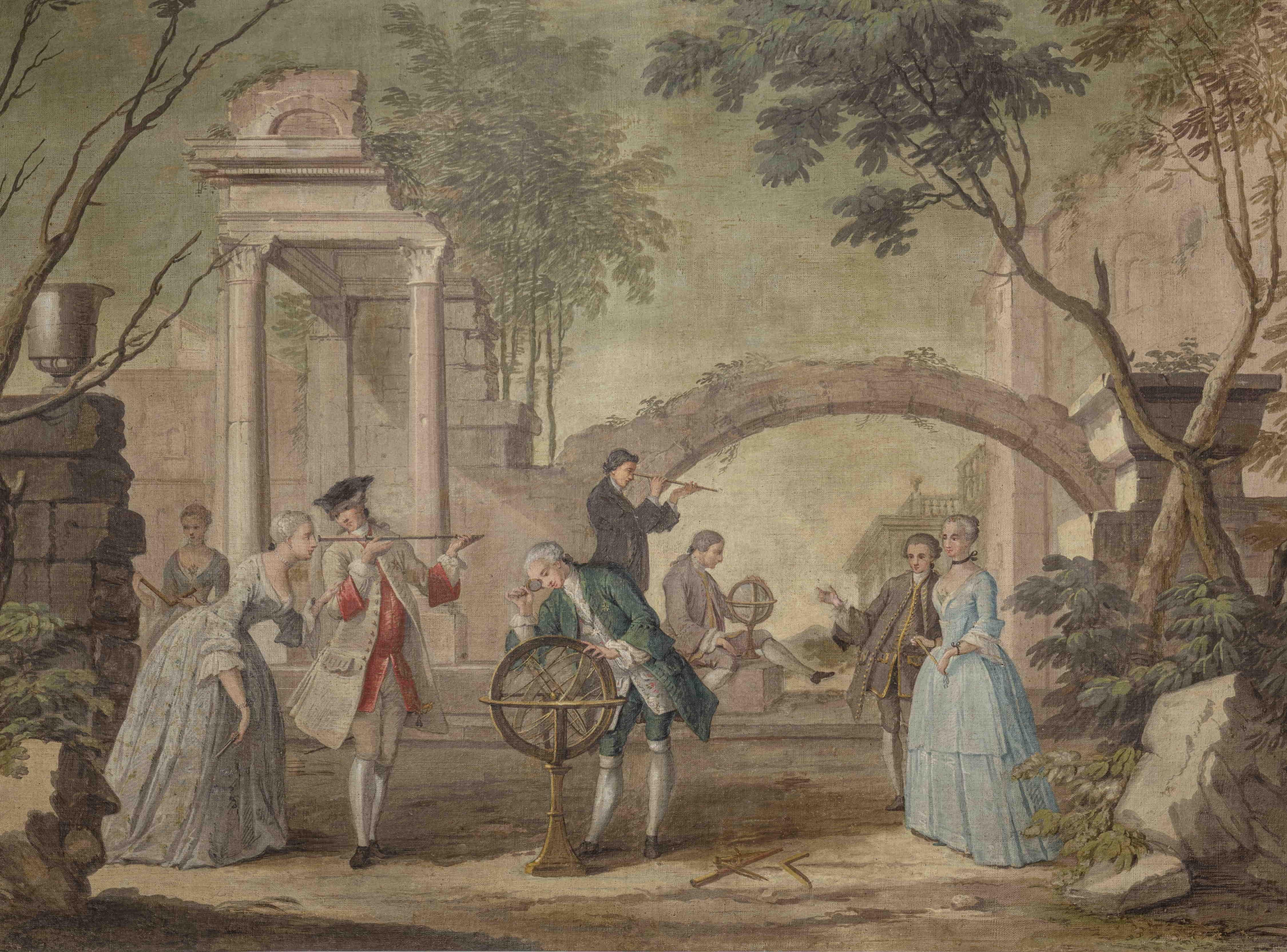Pintura neoclásica florentina de paisaje alegórico de un lienzo al temple de la Villa en venta 2