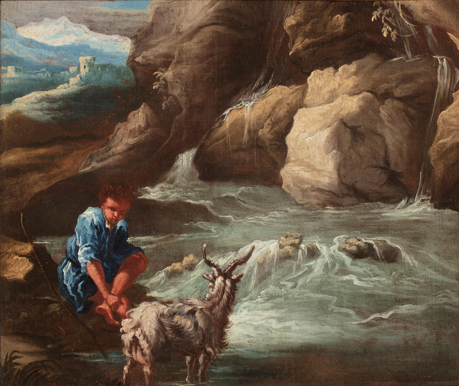 18th Century by Giuseppe Pianca Shepherd with Goat and River Oil on Canvas - Painting by Giuseppe Antonio Pianca