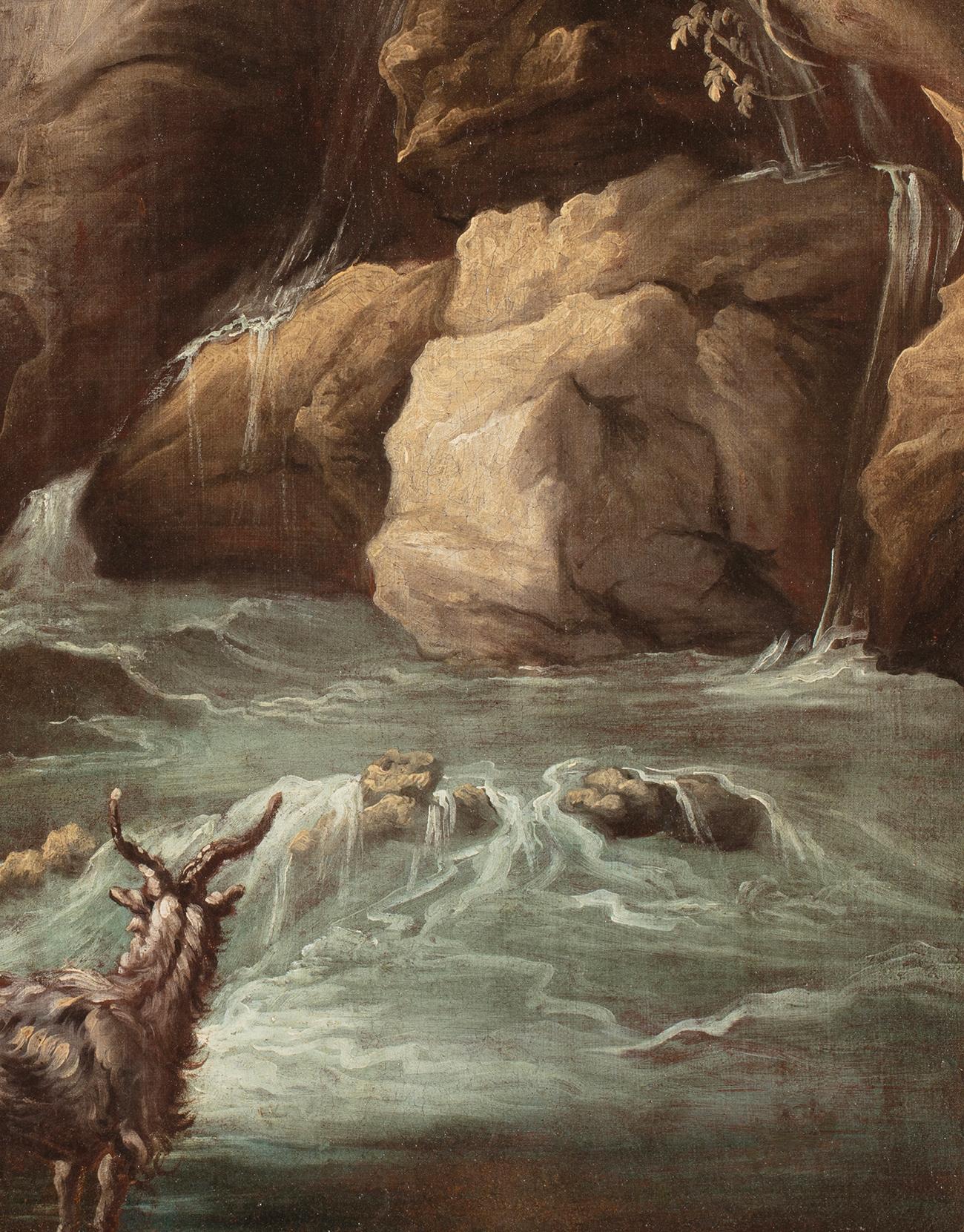Huile sur toile du 18ème siècle de Giuseppe Pianca, berger avec chèvre et rivière - Maîtres anciens Painting par Giuseppe Antonio Pianca