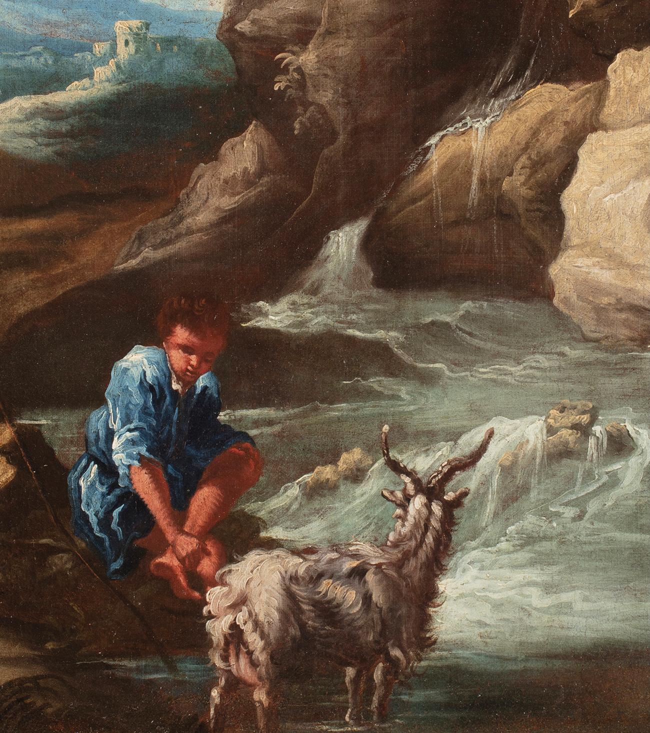 Huile sur toile du 18ème siècle de Giuseppe Pianca, berger avec chèvre et rivière - Noir Landscape Painting par Giuseppe Antonio Pianca