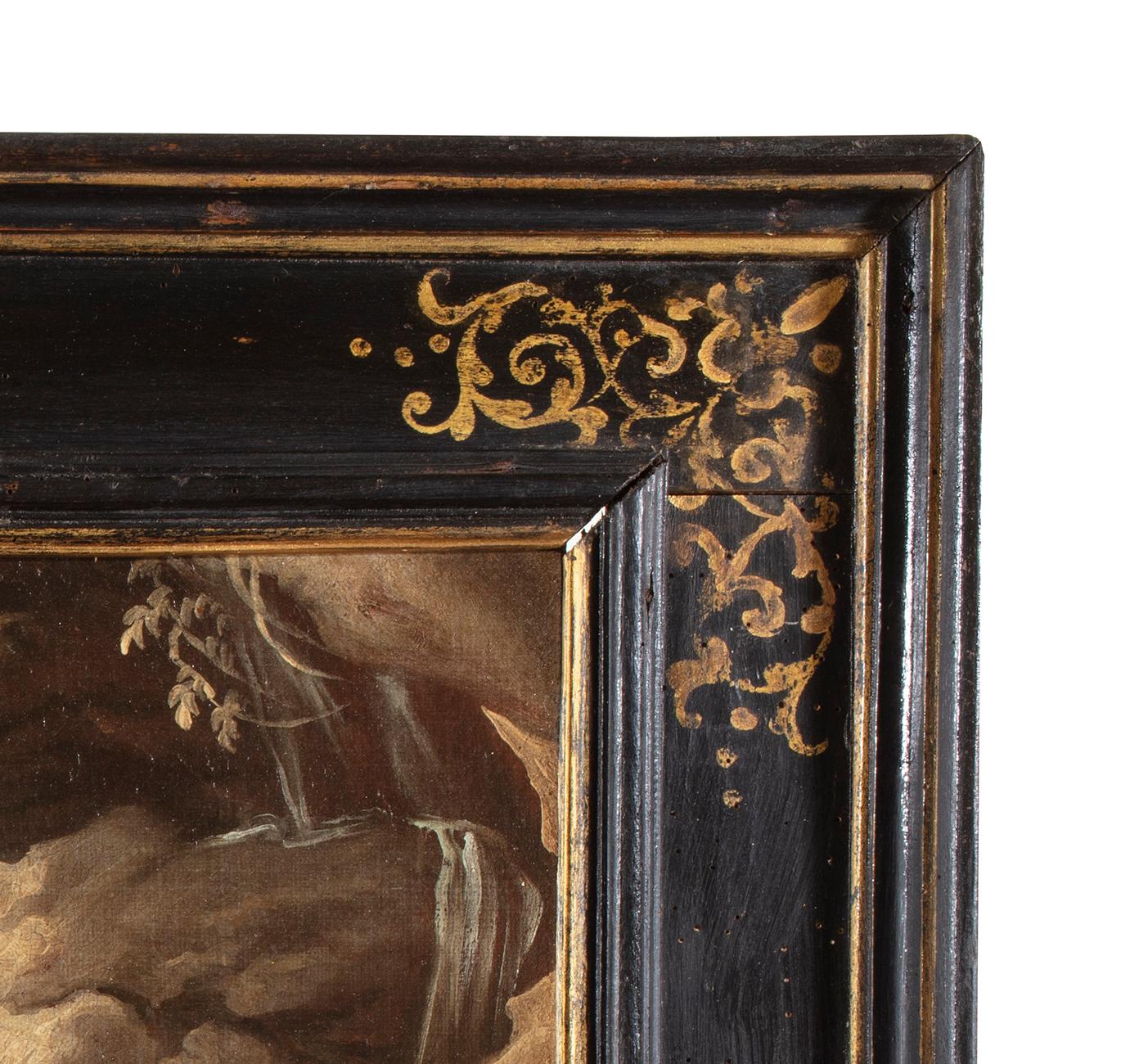 Giuseppe Antonio Pianca (Agnona di Borgosesia/VC, 1703 - après 1757)
 
huile sur toile, cm. 49 x 57 - avec cadre cm. 67 x 77
Cadre de cassetta en bois de forme ancienne, décorations en ébène et or

Posés sur la rive d'un torrent tumultueux, un