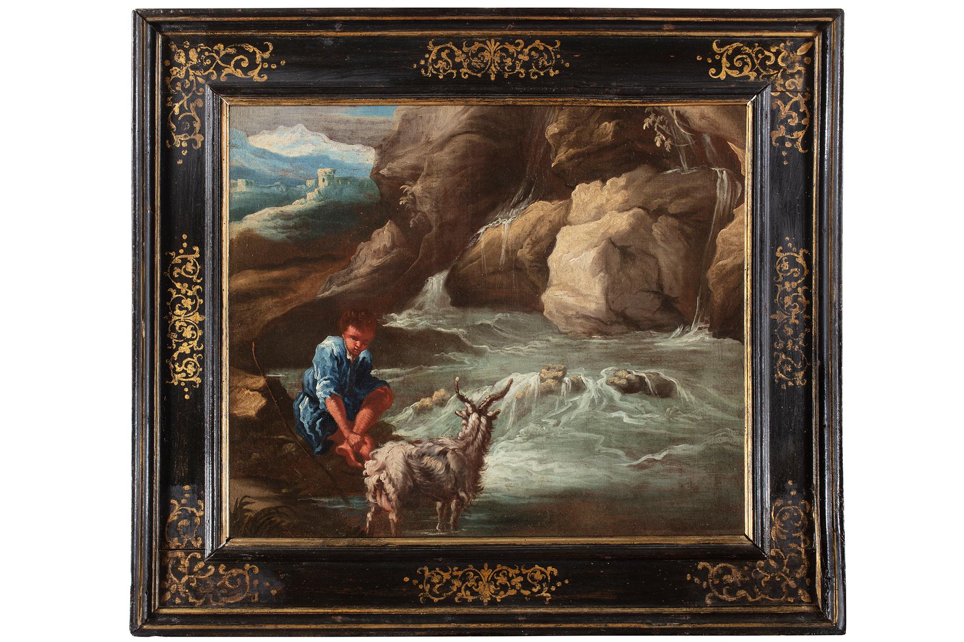 Giuseppe Antonio Pianca Landscape Painting - 18th Century by Giuseppe Pianca Shepherd with Goat and River Oil on Canvas