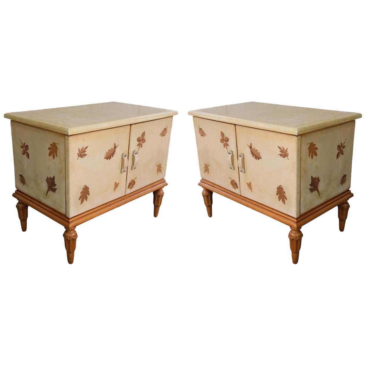 Giuseppe Anzani Pair of Parchment and Wood Midcentury Italian Commodes, 1950 For Sale