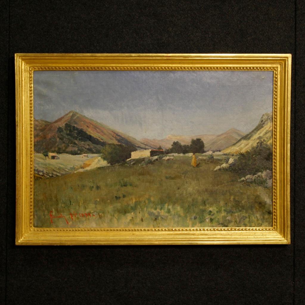 Giuseppe Aureli Landscape Painting – 19. Jahrhundert Öl auf Leinwand Italienisch signiert Gemälde Landschaft mit Jäger, 1899