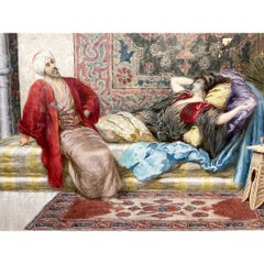 Giuseppe Aureli   Orientalist Watercolor In The Harem .