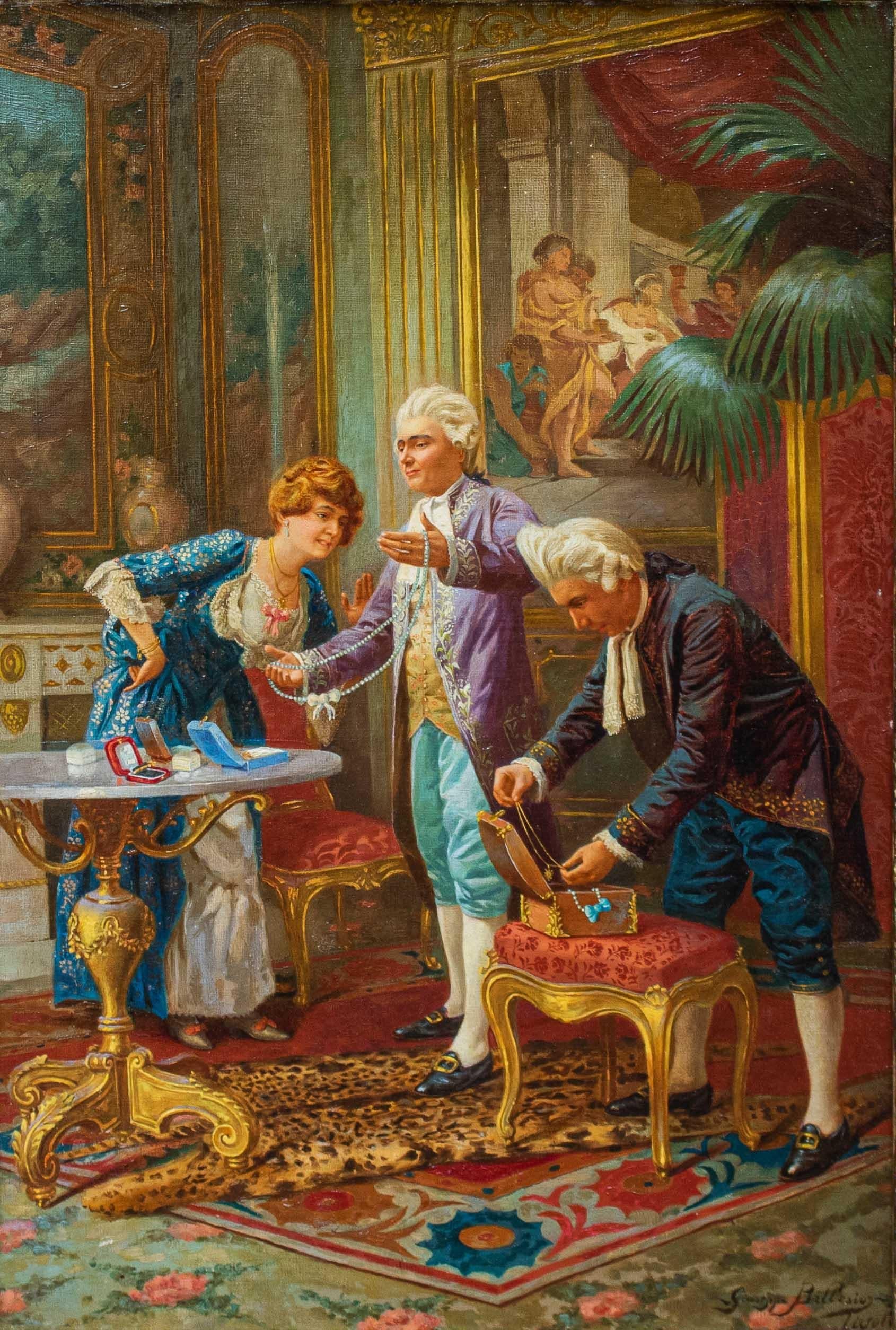 Giuseppe Ballesio (Rome, 1860 - 1923)
The pearl necklace
Oil on canvas, 61.5 x 41 cm
Signed lower right: Giuseppe Ballesio / Tivoli

The painting in question depicts a scene set in a luxurious eighteenth-century interior whose protagonists are